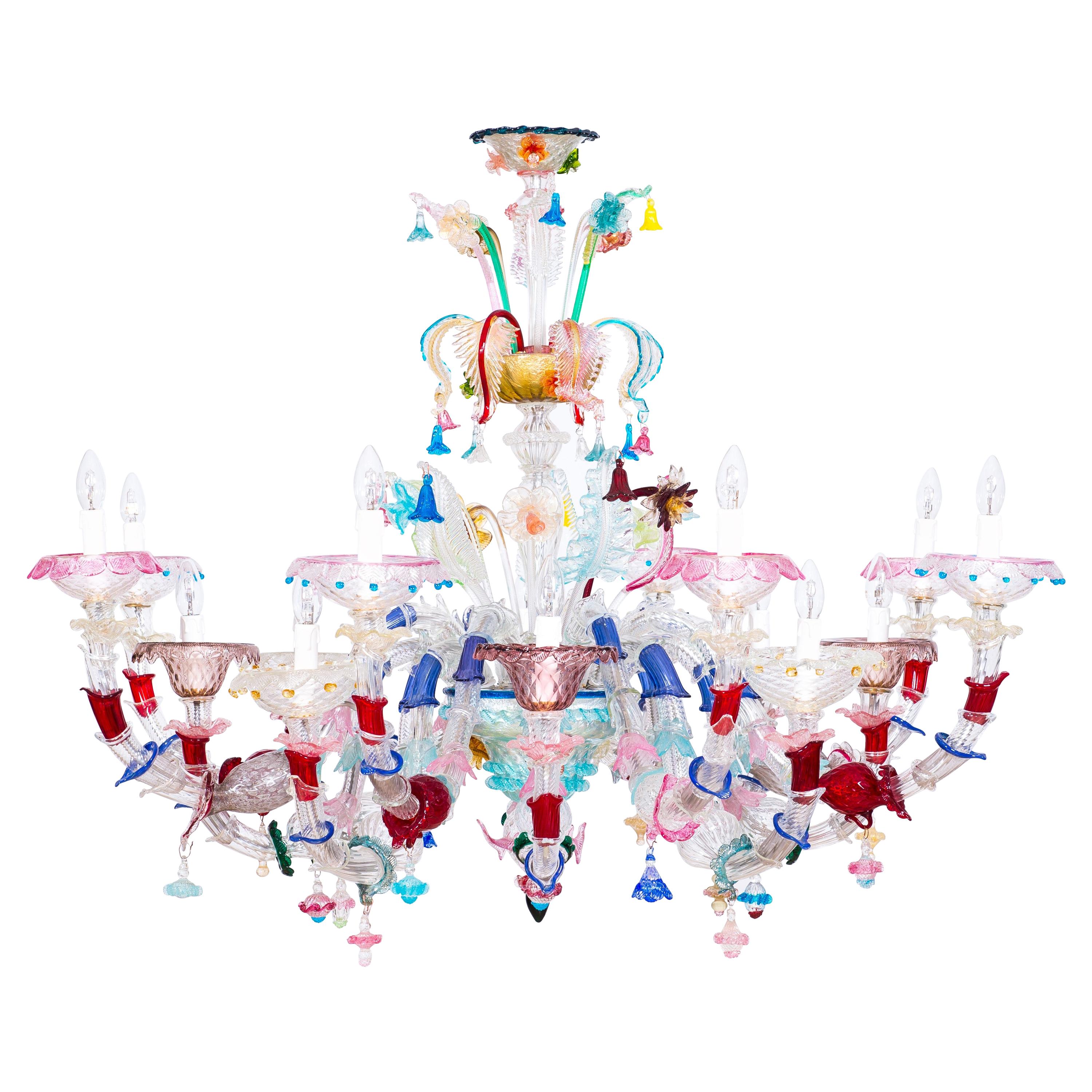 Murano Glass Rezzonico Chandelier Multicolored Flowers 16 Lights Late 20th Italy