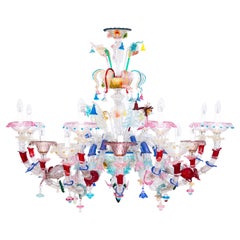 Murano Glas Rezzonico Kronleuchter Mehrfarbige Blumen 16 Lights Ende 20. Italien