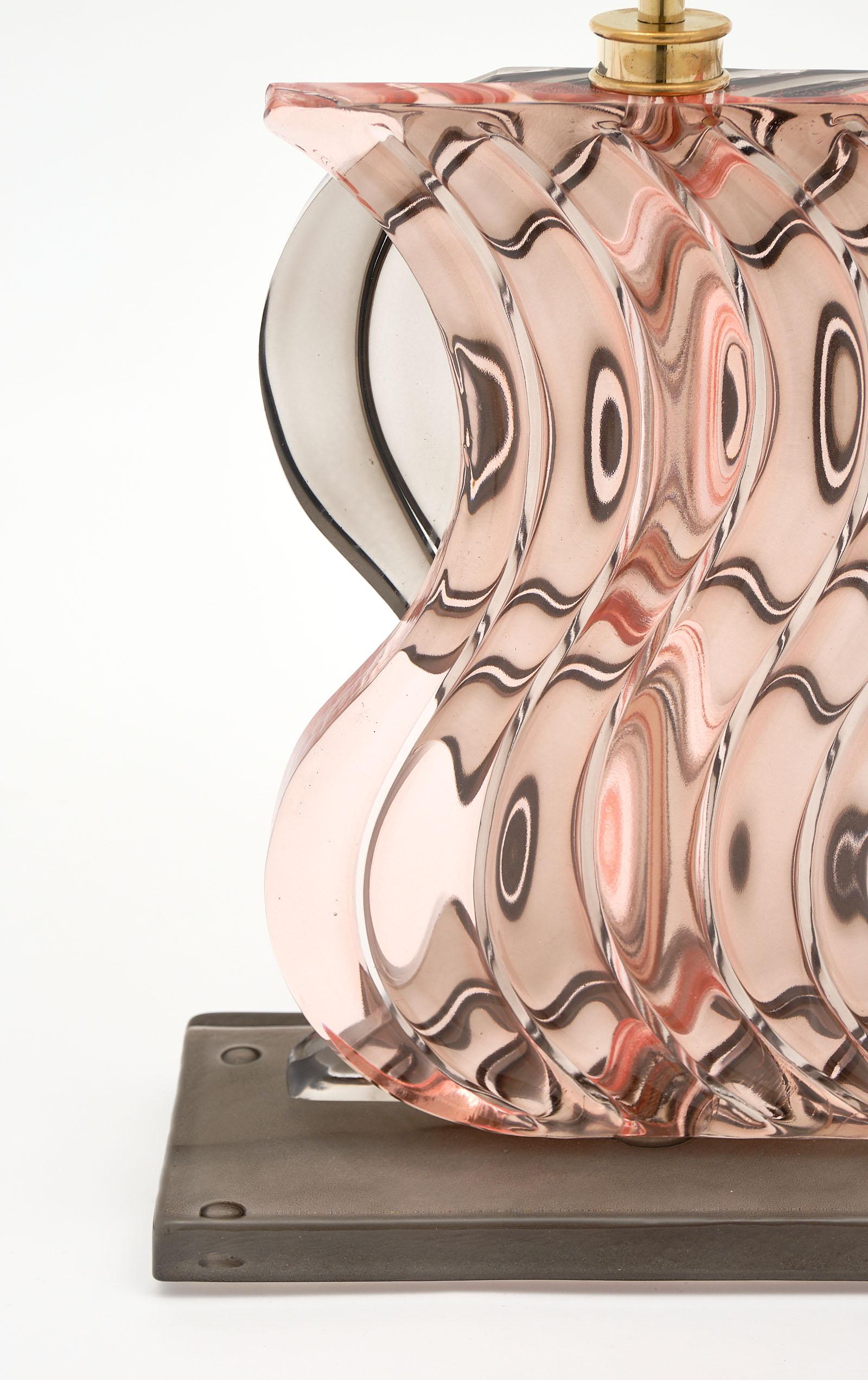 Hand-Crafted Murano Glass Ridged Pink and Gray Lamps For Sale