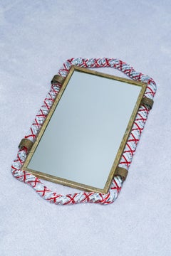 Vassoio in corda e ottone specchiato in vetro di Murano, Italia, anni '50