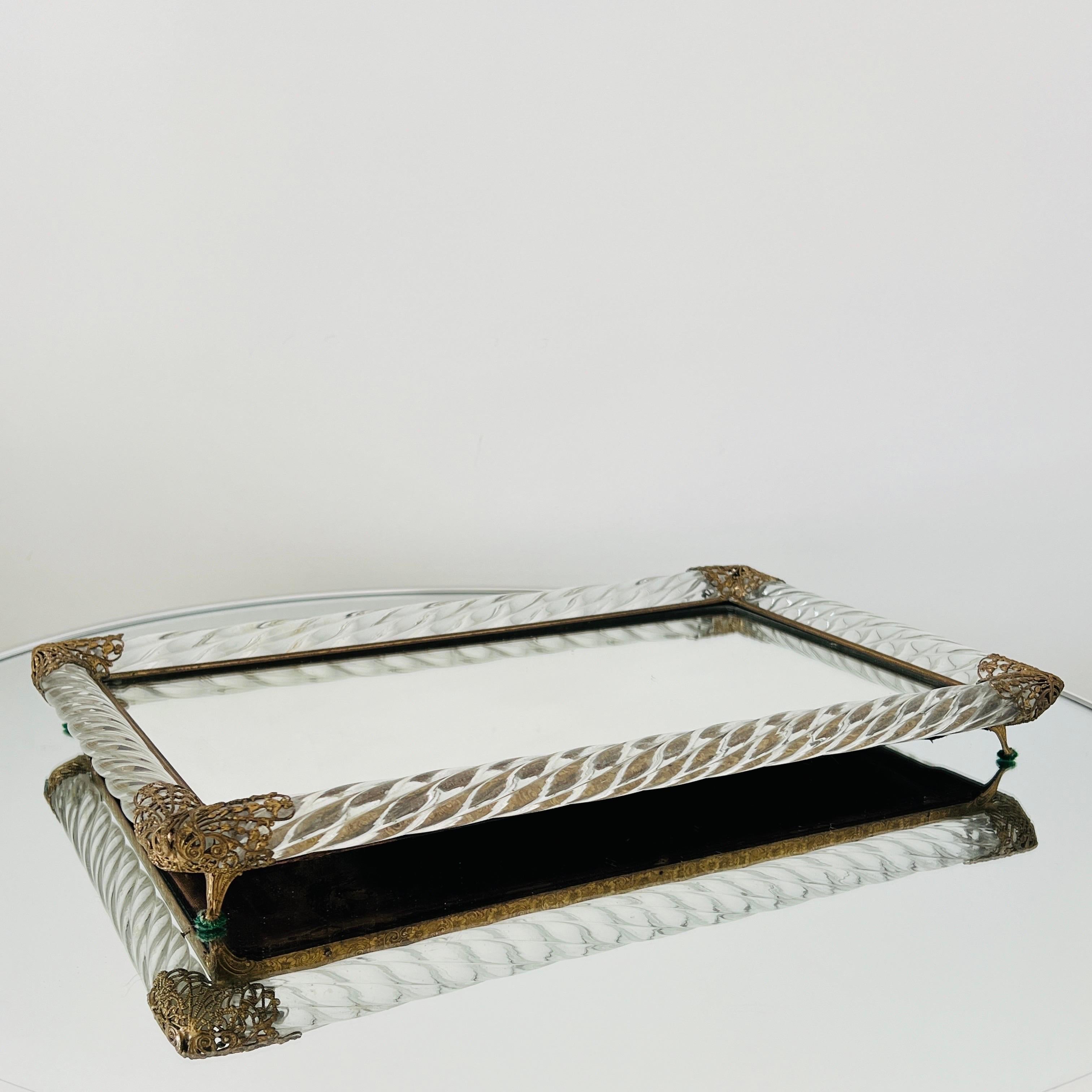 Art Deco Murano Glass Rope and Mirrored Footed Vanity Tray, Italy, c. 1940 For Sale