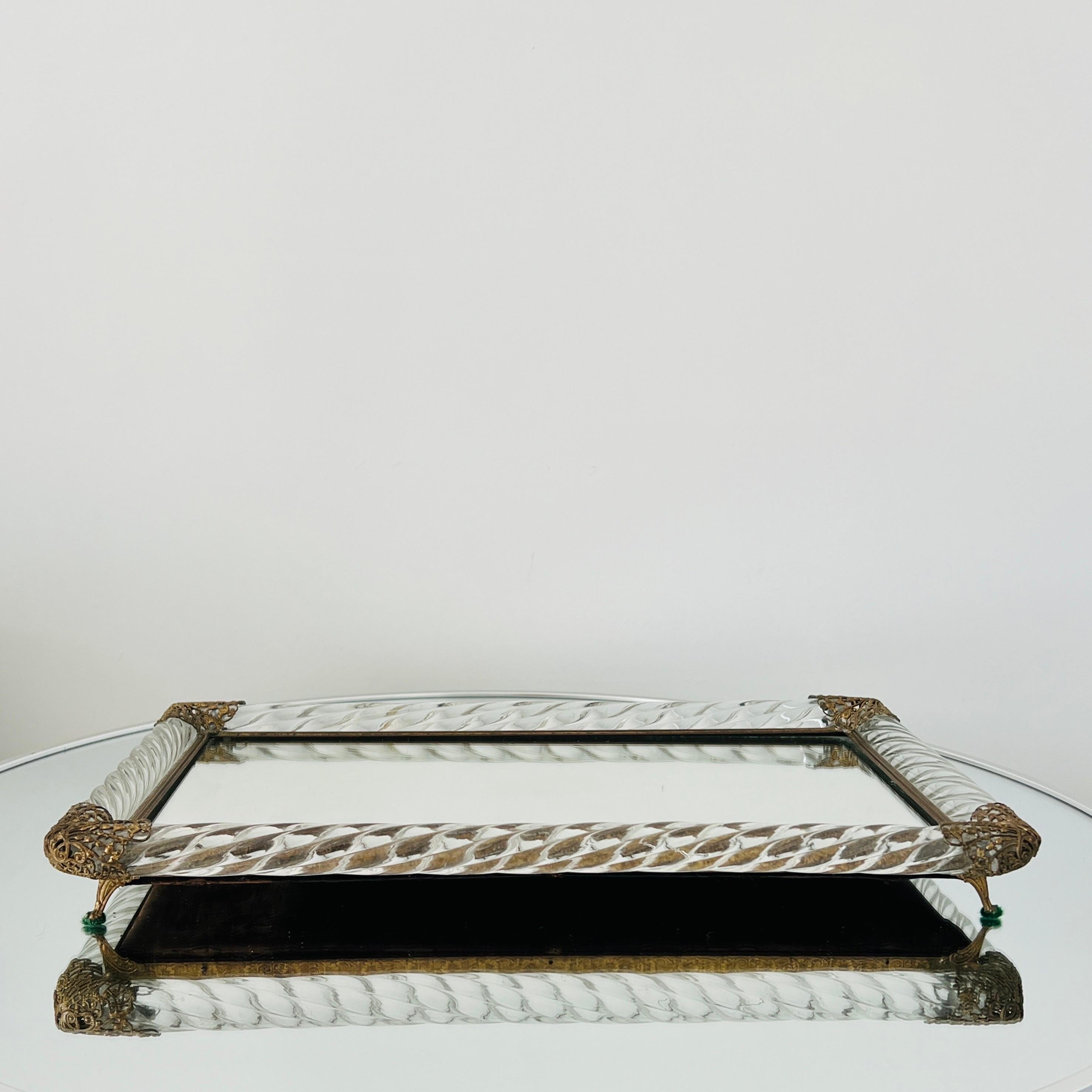 Italian Murano Glass Rope and Mirrored Footed Vanity Tray, Italy, c. 1940 For Sale