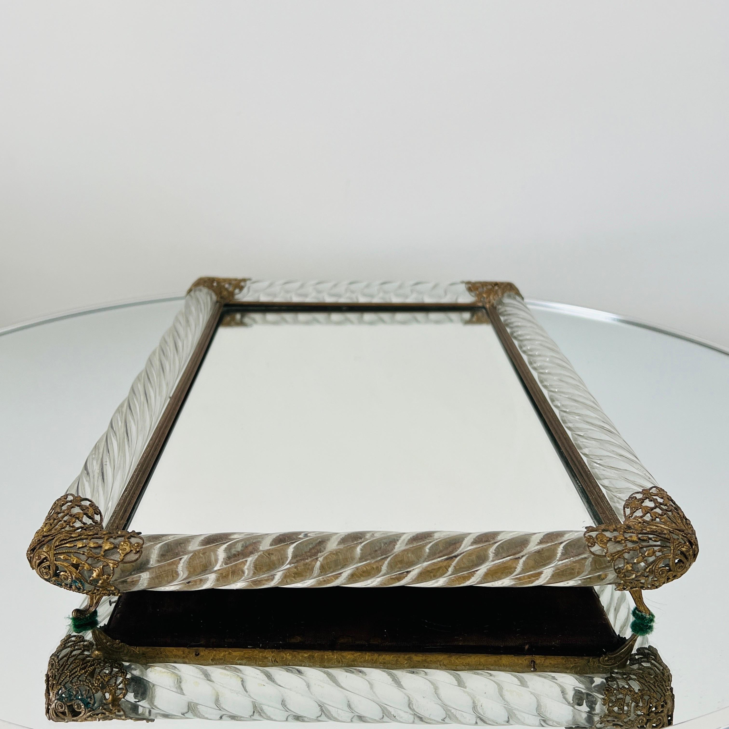 Hand-Crafted Murano Glass Rope and Mirrored Footed Vanity Tray, Italy, c. 1940 For Sale