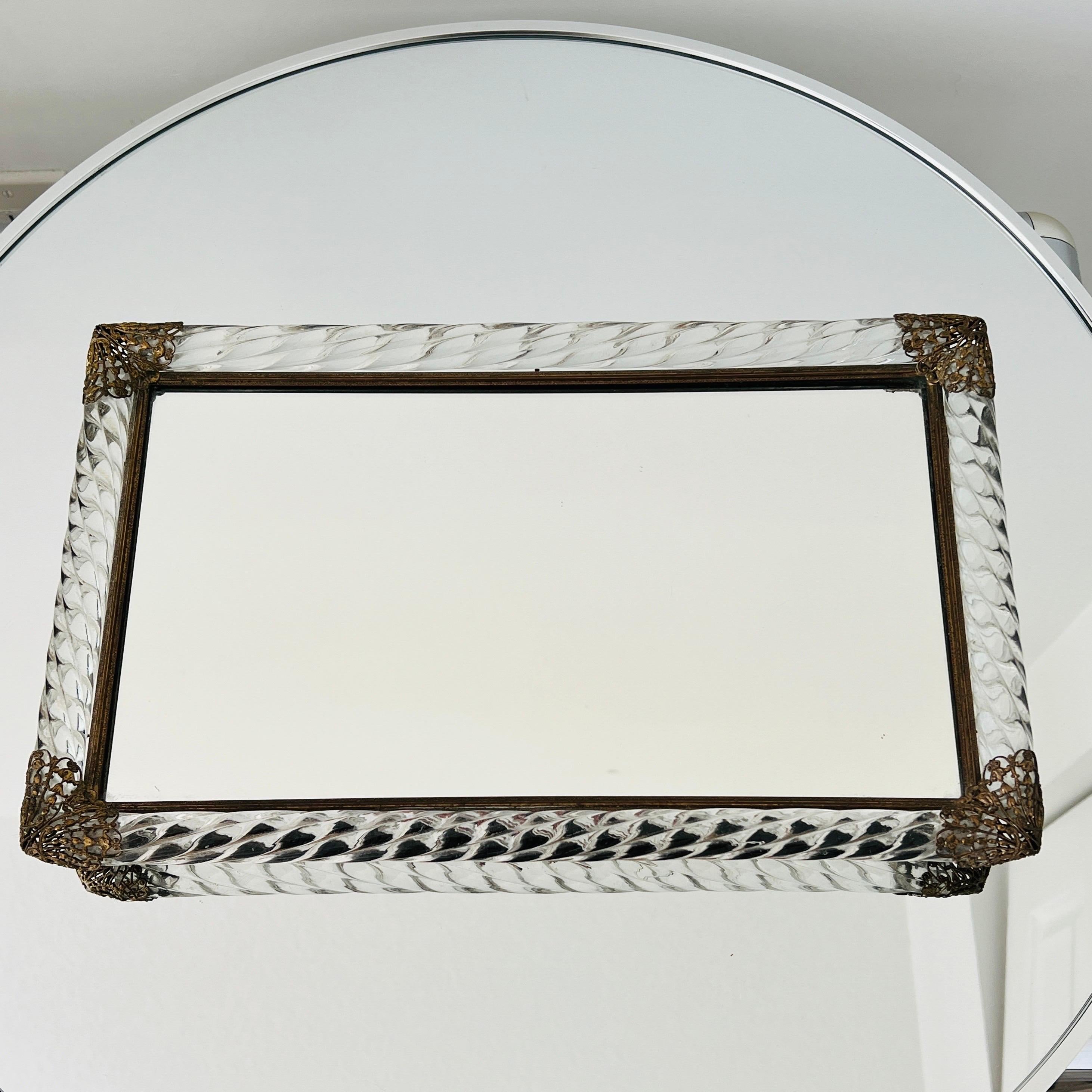 Brass Murano Glass Rope and Mirrored Footed Vanity Tray, Italy, c. 1940 For Sale