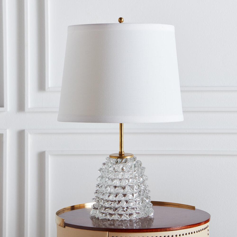 A European table lamp featuring a hand-blown iridescent glass in the likeness of popular rostrate style that originated with Barovier and Toso. 

Dimension: 6” height, 9.5” to Socket x 6.25” diameter.