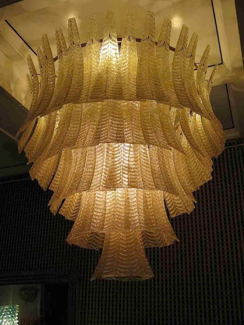 Italian Murano Glass Round Gold Color Mid-Century Chandelier, 1970 For Sale