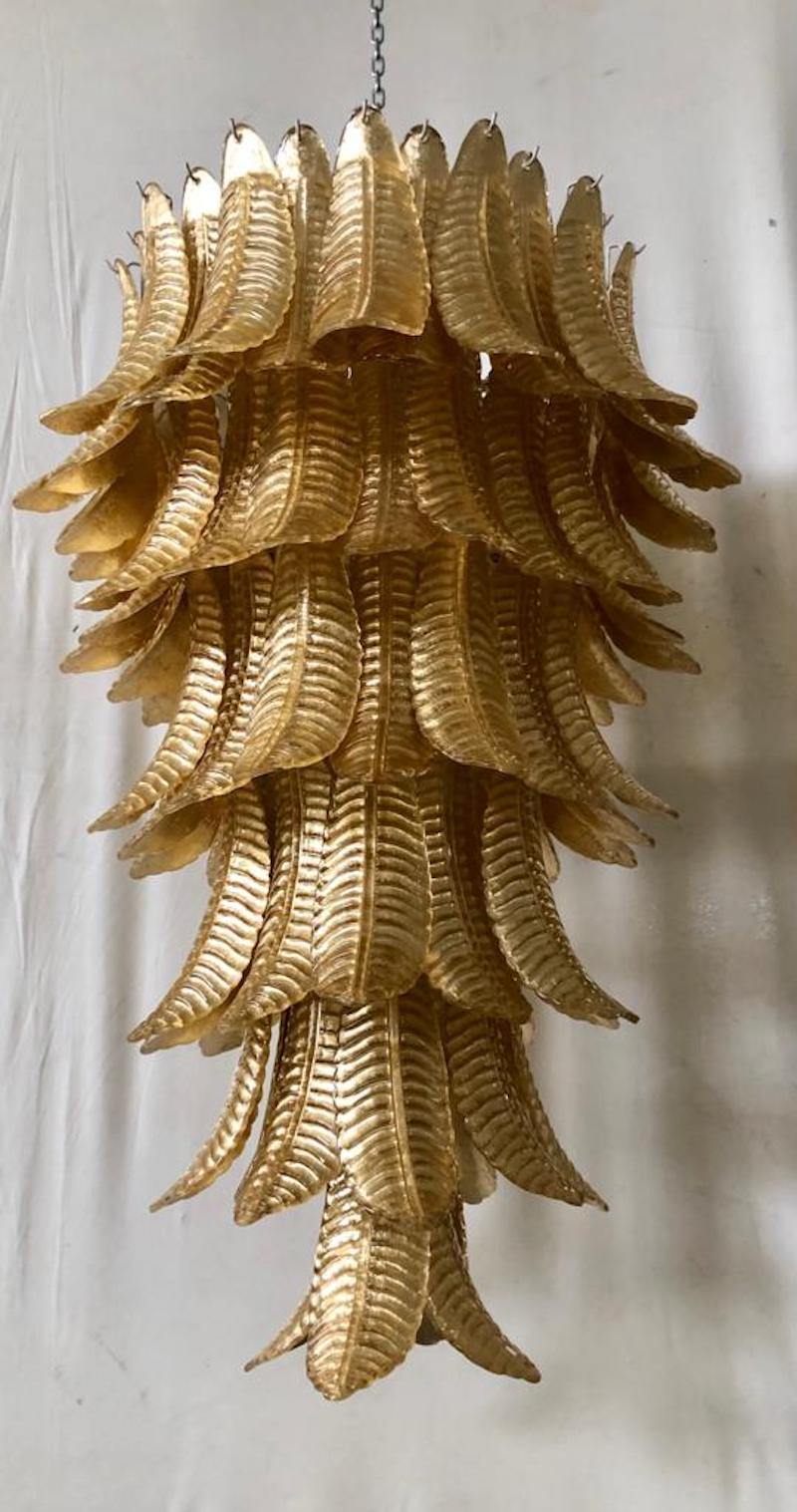 Italian Murano Glass Round Gold Leaf Mid-Century Chandelier, 1980 For Sale