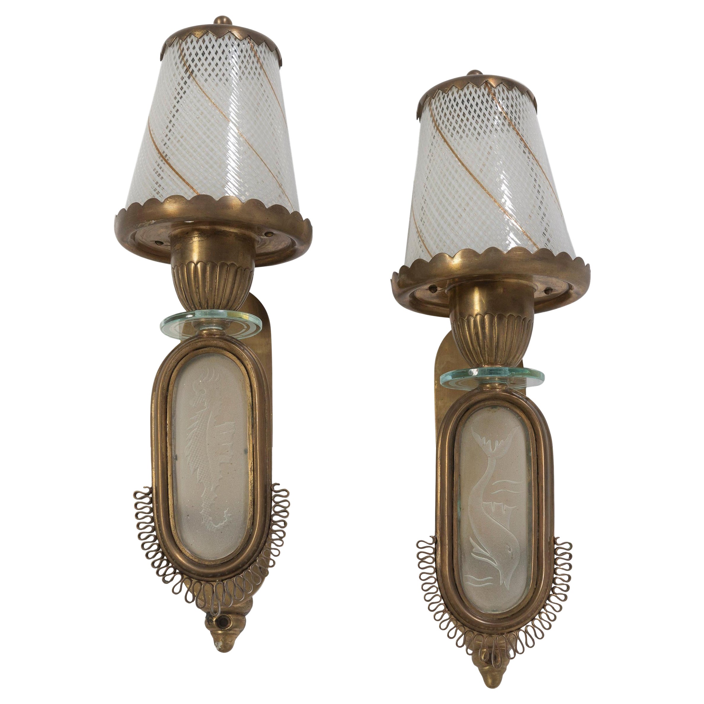 Murano Glass Sconces by Luigi Brusotti, Brass and Crystal, Italian, Circa 1940