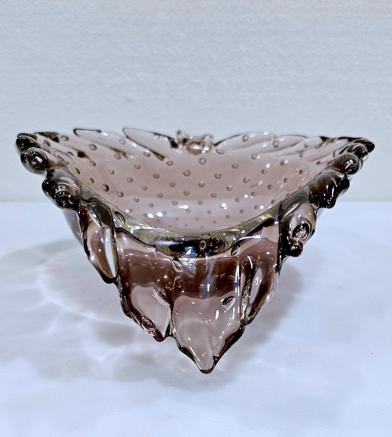Murano Glass Sculptural Leaf Bowl with Bullicante - medium to light mauve/violet color. (looks a darker on dark backgrounds)
UPDATE: Due to agreement with 1stDibs, we'll be staying through the end of the year.
This is a uniquely shapely bowl. It is