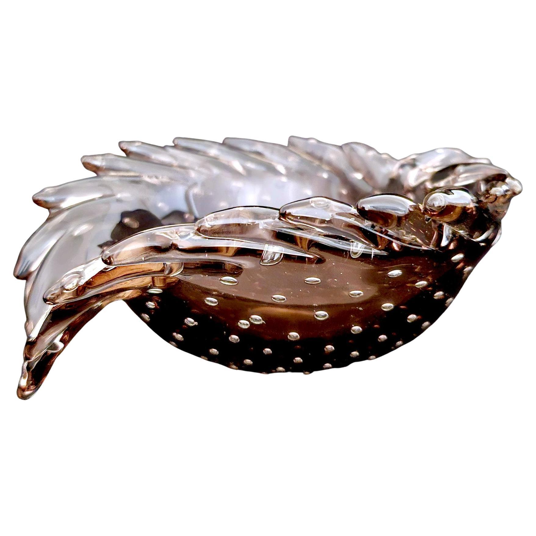 Murano Glass Sculptural Leaf Bowl with Bullicante