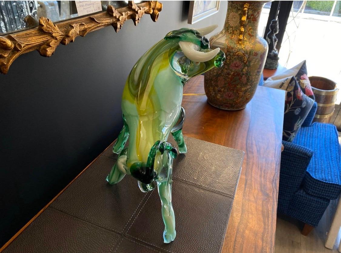 Mid-Century Modern Murano Glass Sculpture of Green Bull, Made in Italy