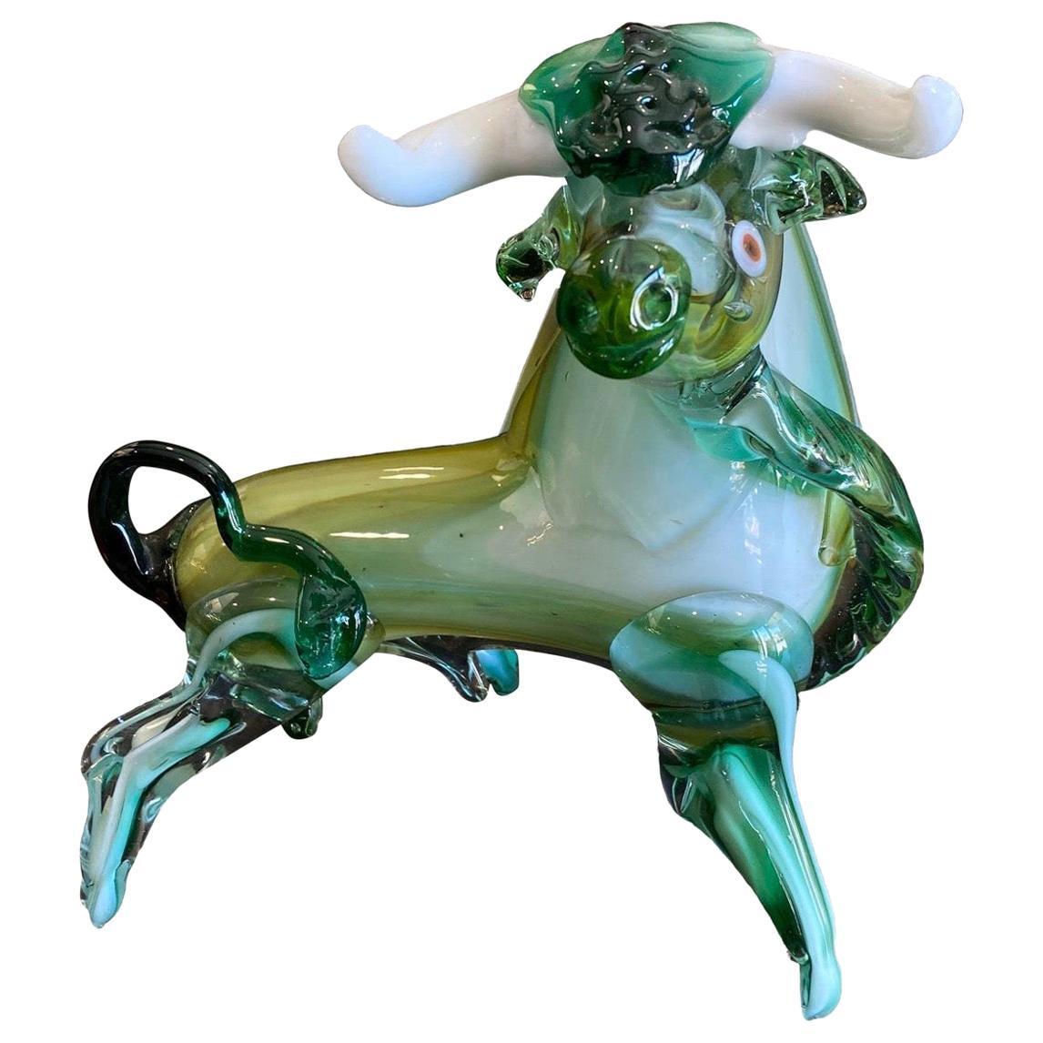 Murano Glass Sculpture of Green Bull, Made in Italy