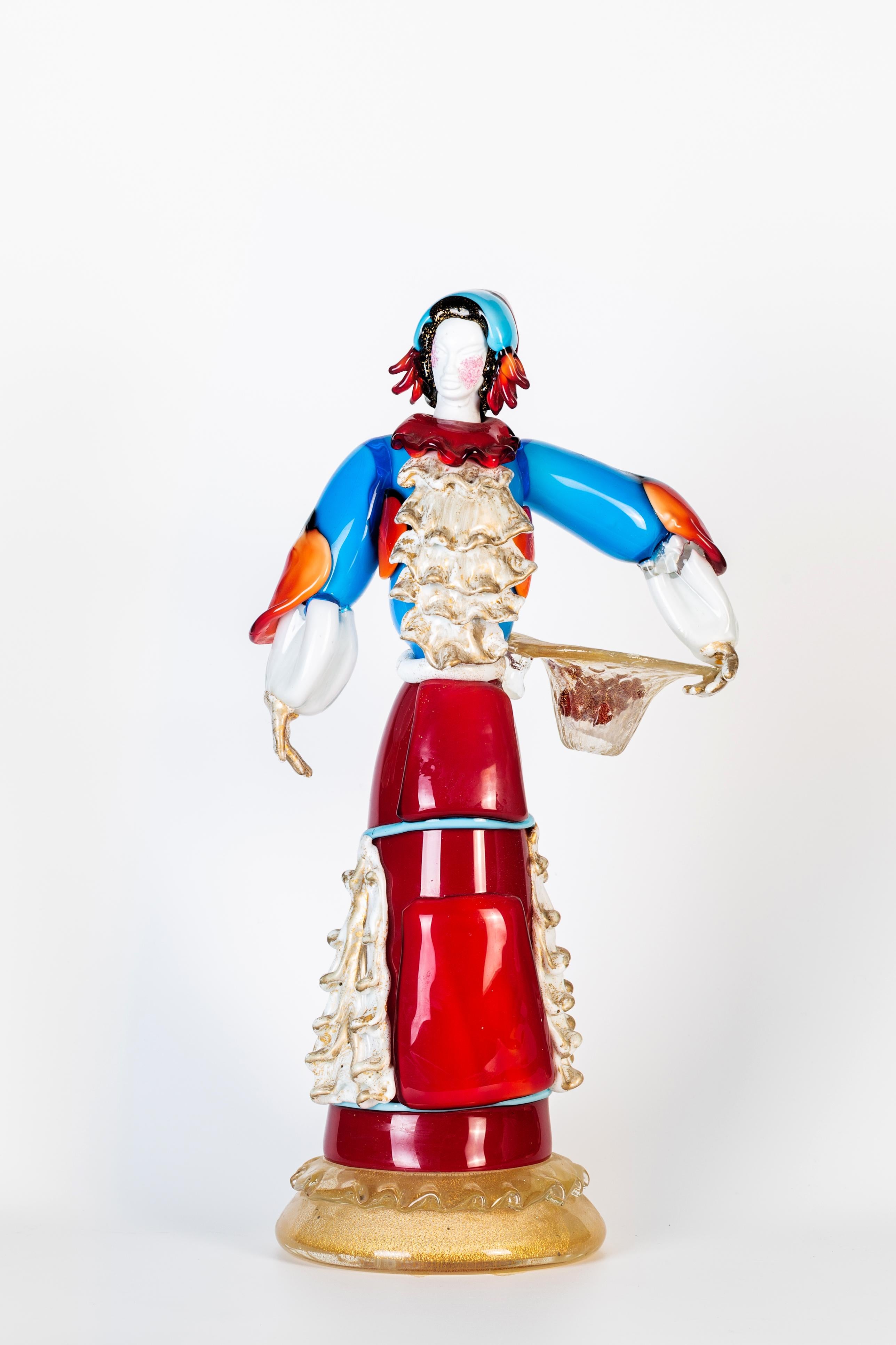 Italian Murano Glass Sculpture of Woman in Traditional Dresses, 1980s For Sale