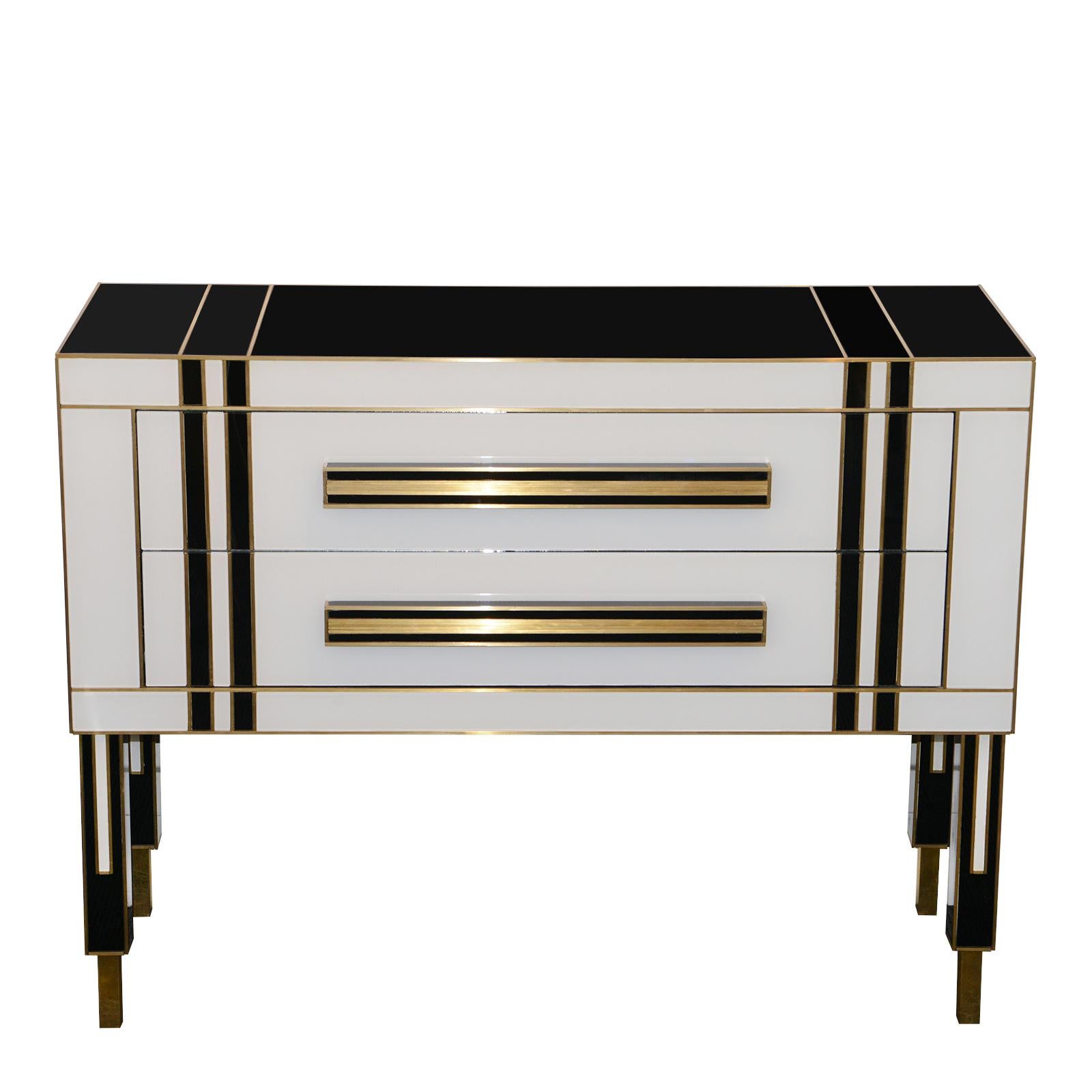Chest of drawers Murano glass set of 2, with all structure in solid
palisander wood with veneered finishes, all the chest is covereed
with white Murano glass and black Murano glass. Chest including 
2 Drawers. All details in solid brass in aged
