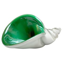 Murano Glass Shell in Green and White Sommerso by Barbini, Italy, Circa 1970s