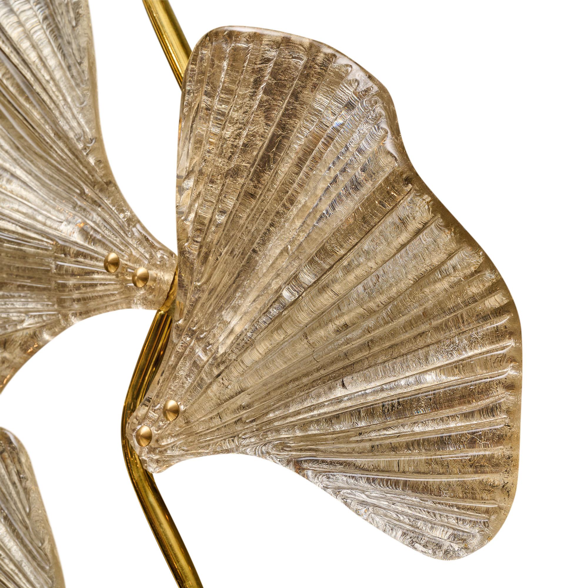 Brass Murano Glass Silver Ginkgo Leaf Sconces For Sale