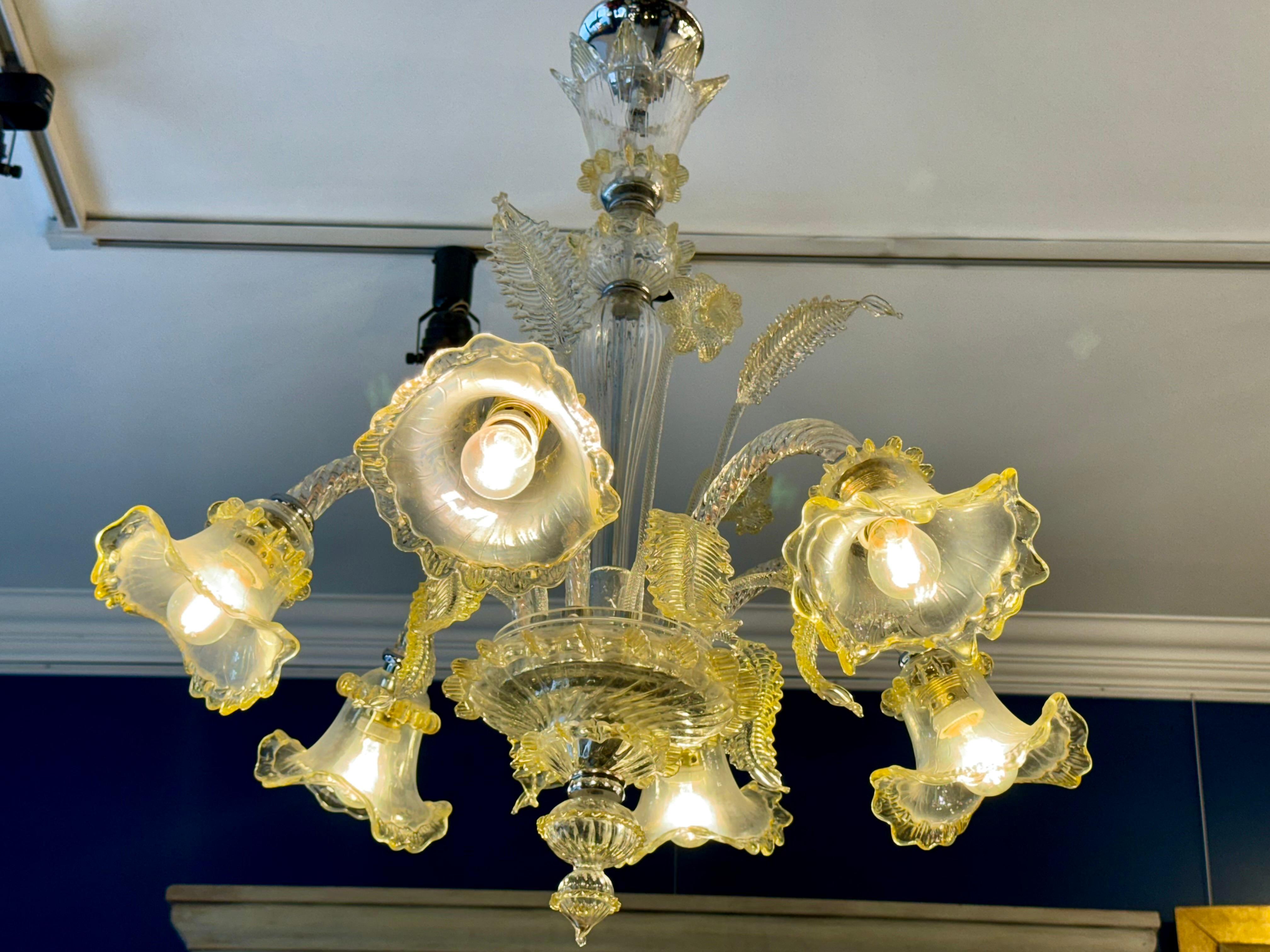 Italian Murano Glass Six-Arms Yellow and White Chandelier, 1960 For Sale