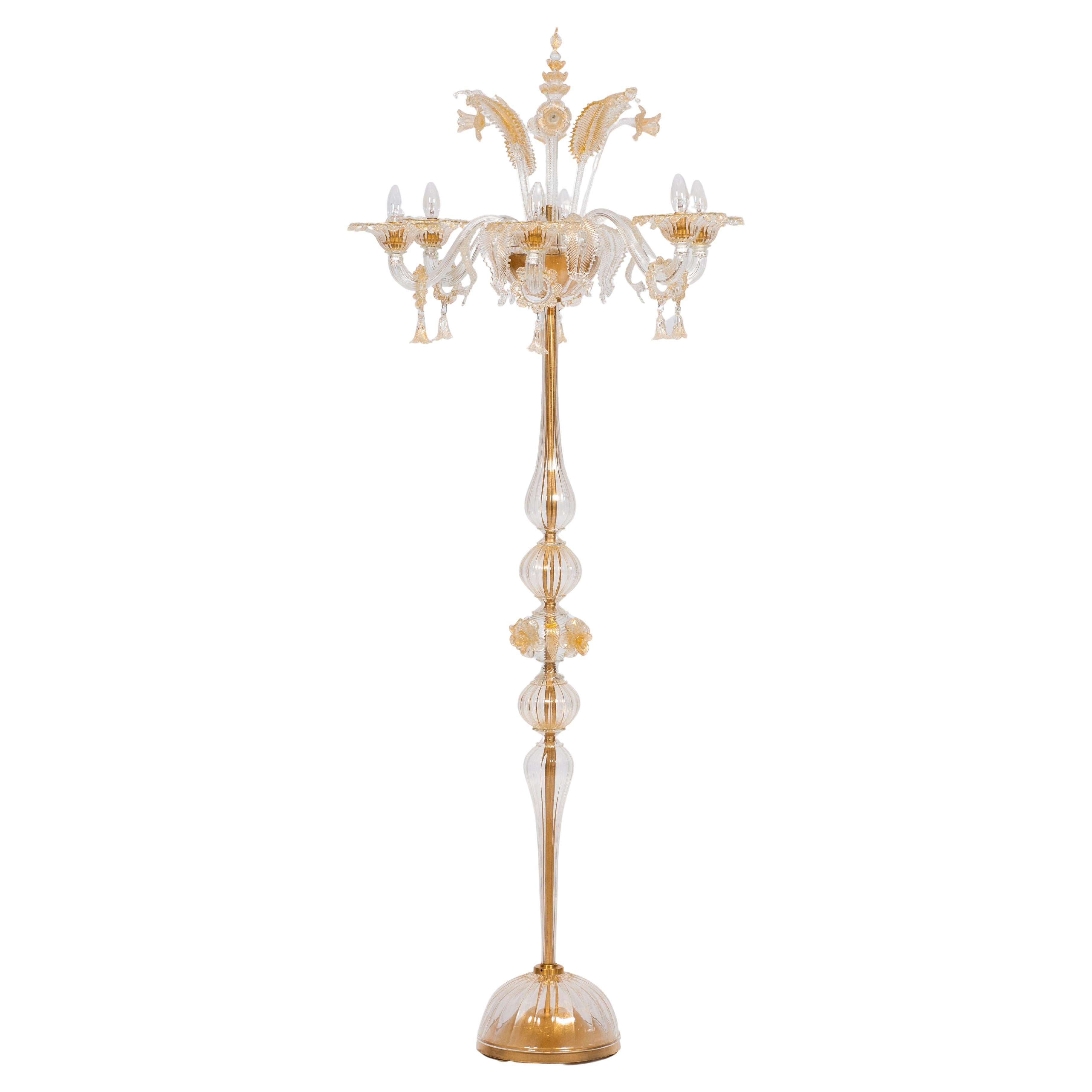 Lámpara de pie de seis luces de cristal de Murano con inclusiones doradas de Giovanni Dalla Fina