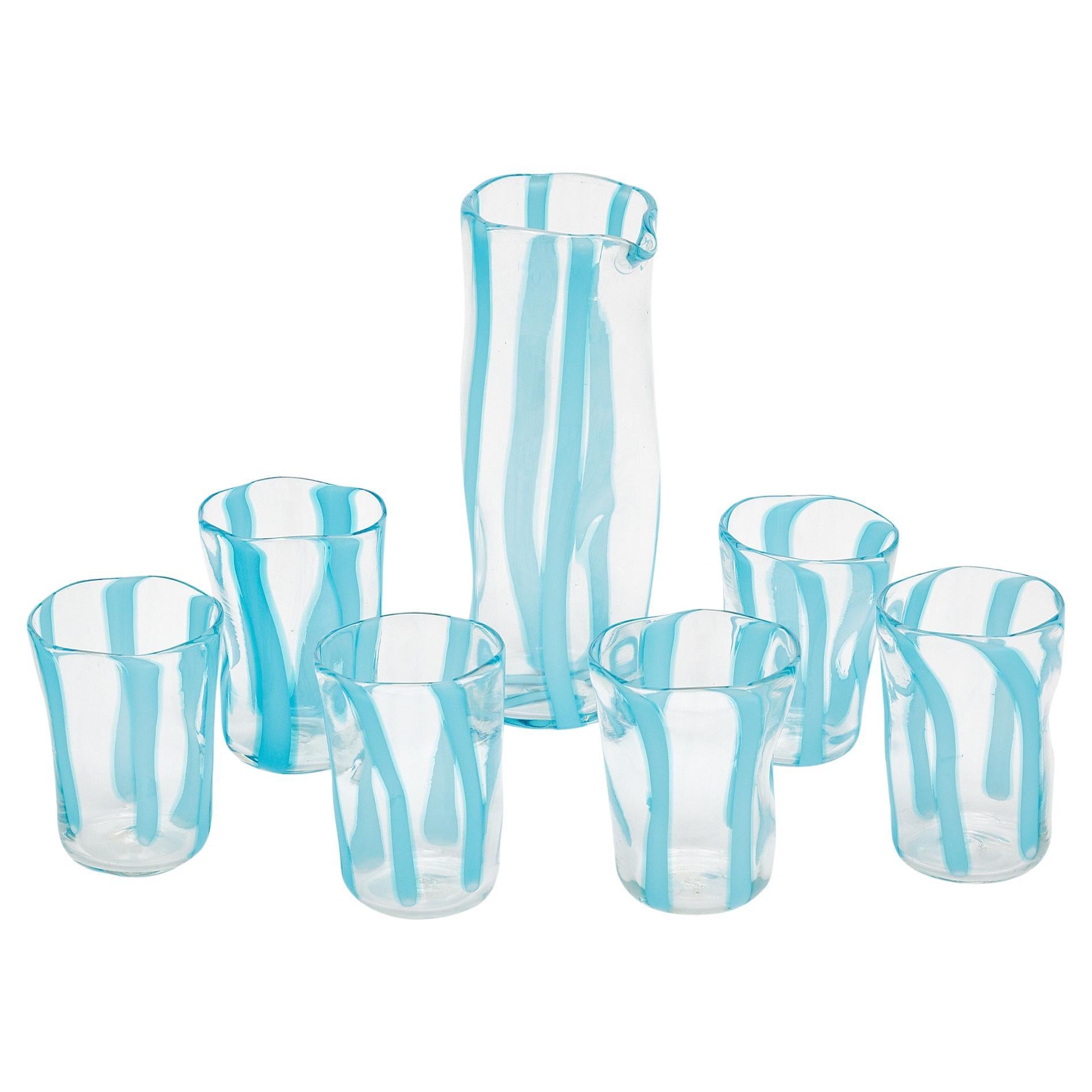 Murano Glass Sky Blue Carafe and Glasses For Sale