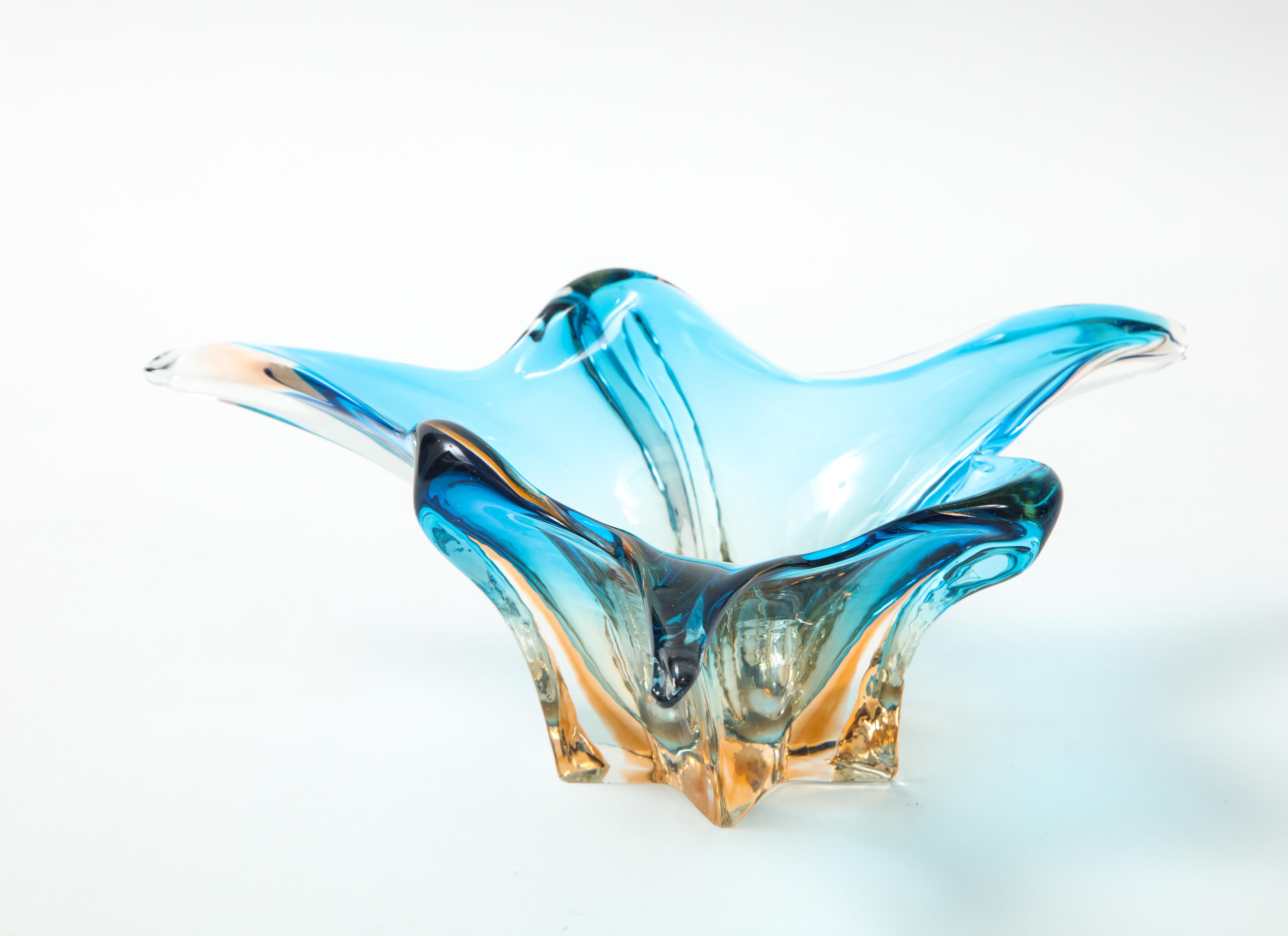 Mid-Century Modern Murano Glass Sky Blue, Orange Splash Bowl