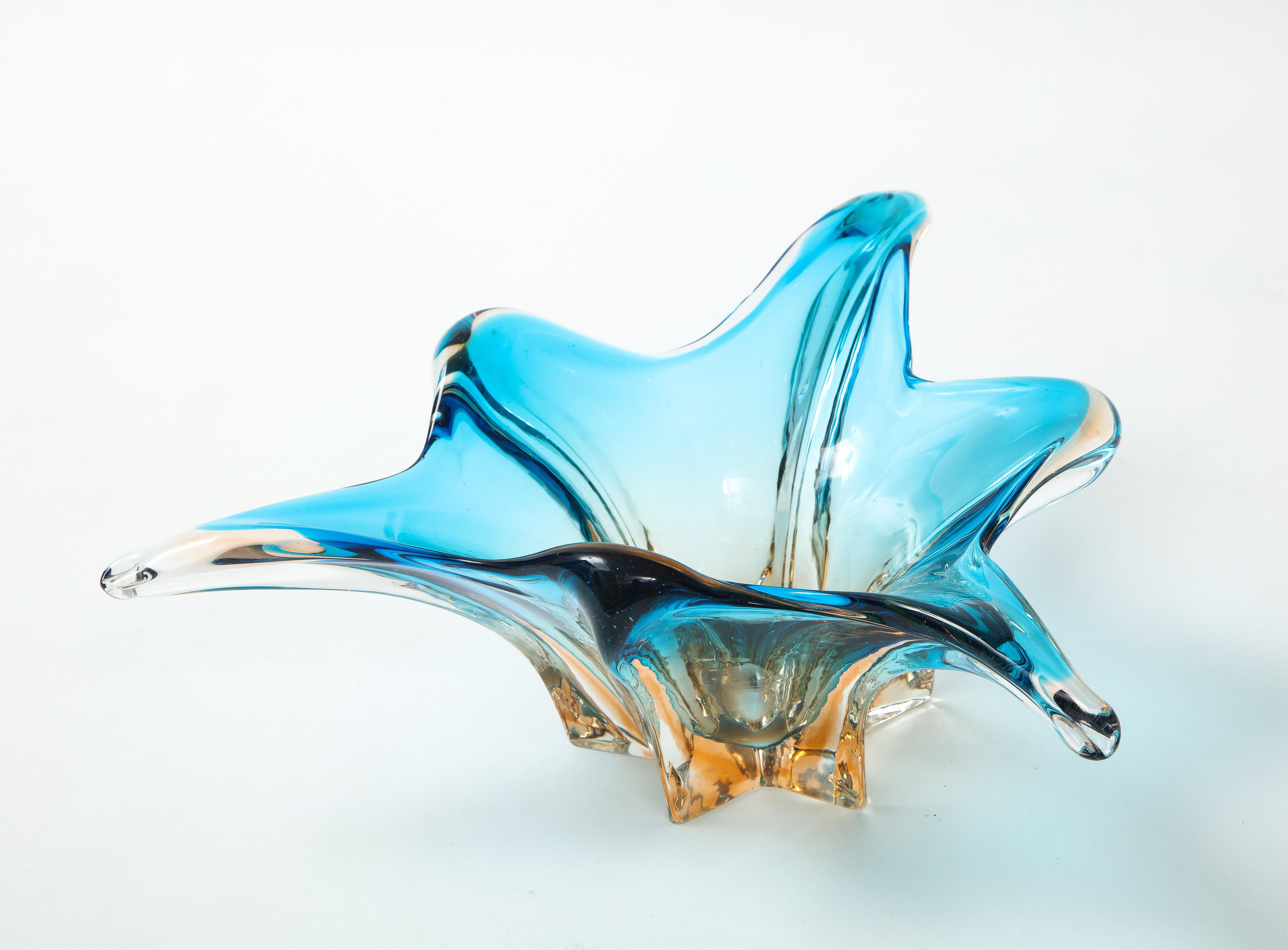 Italian Murano Glass Sky Blue, Orange Splash Bowl