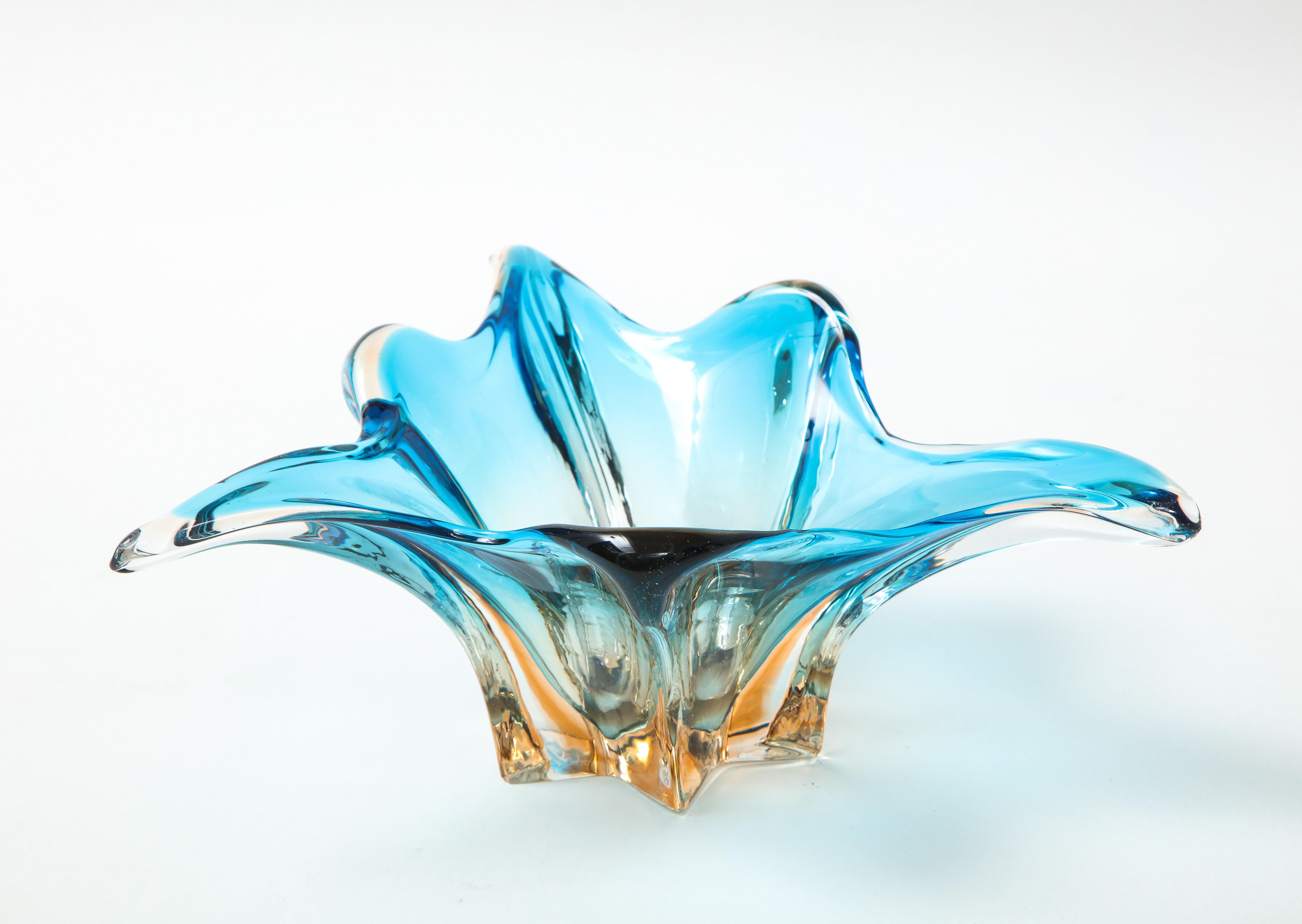 Murano Glass Sky Blue, Orange Splash Bowl In Excellent Condition In New York, NY