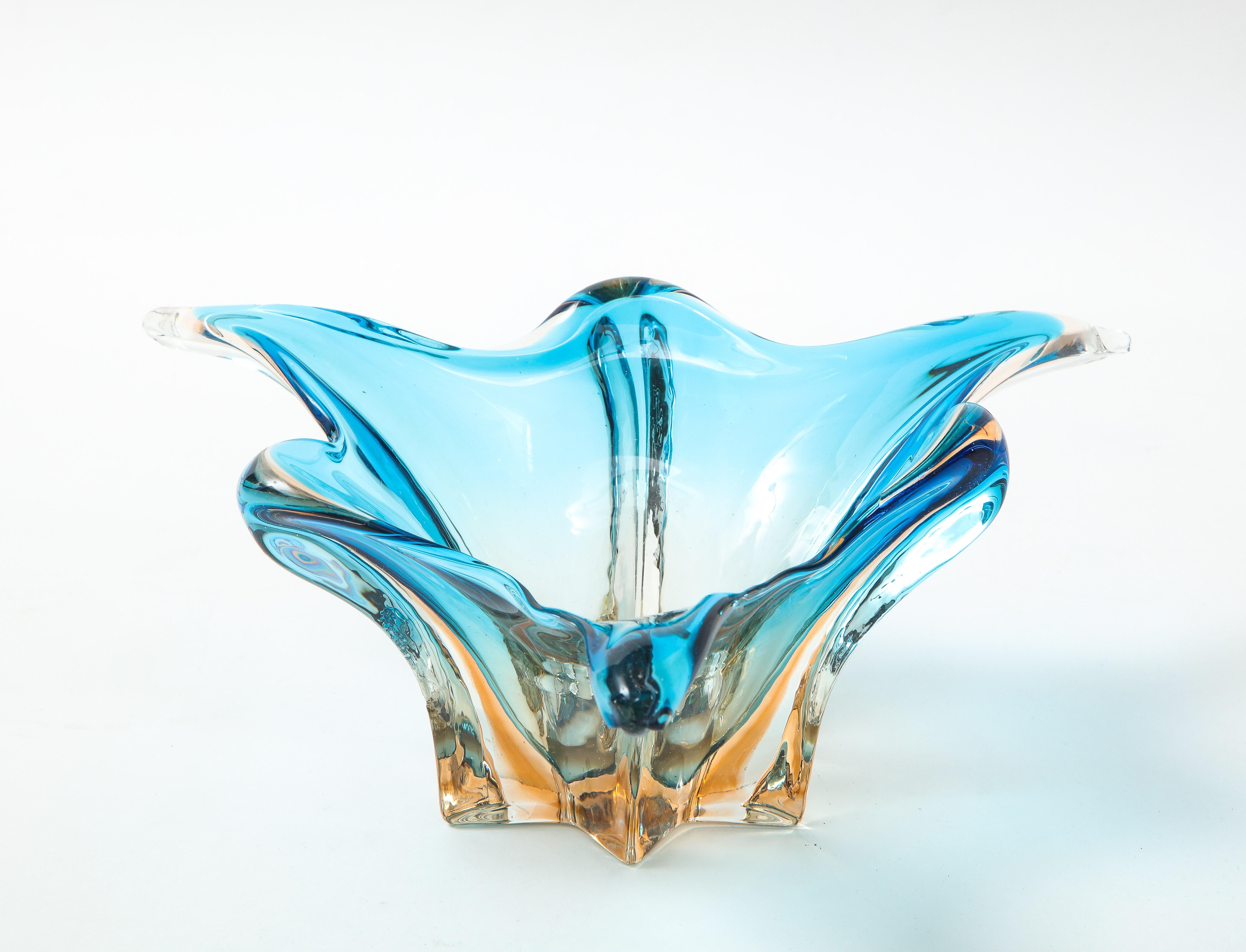 20th Century Murano Glass Sky Blue, Orange Splash Bowl