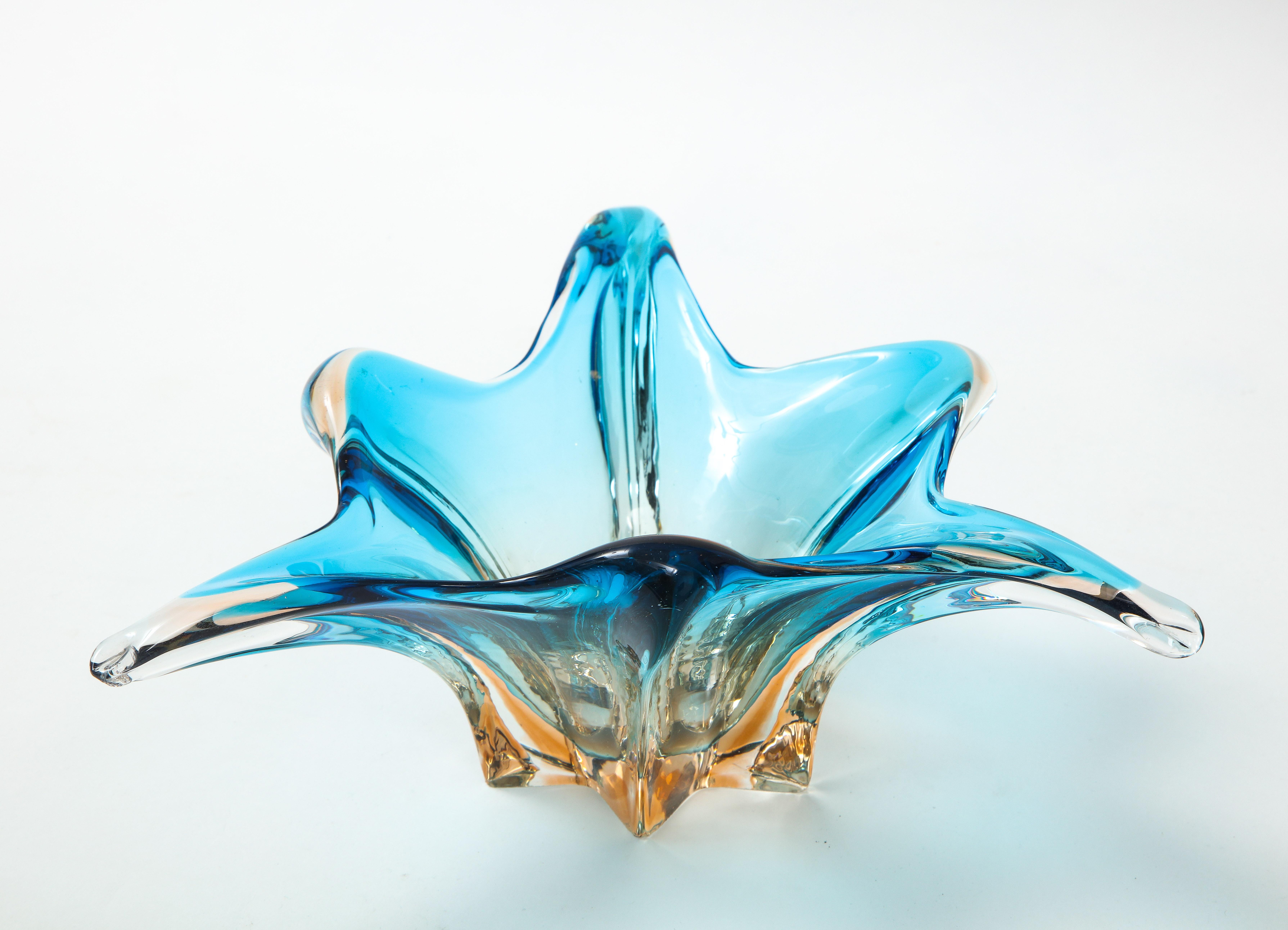 Art Glass Murano Glass Sky Blue, Orange Splash Bowl