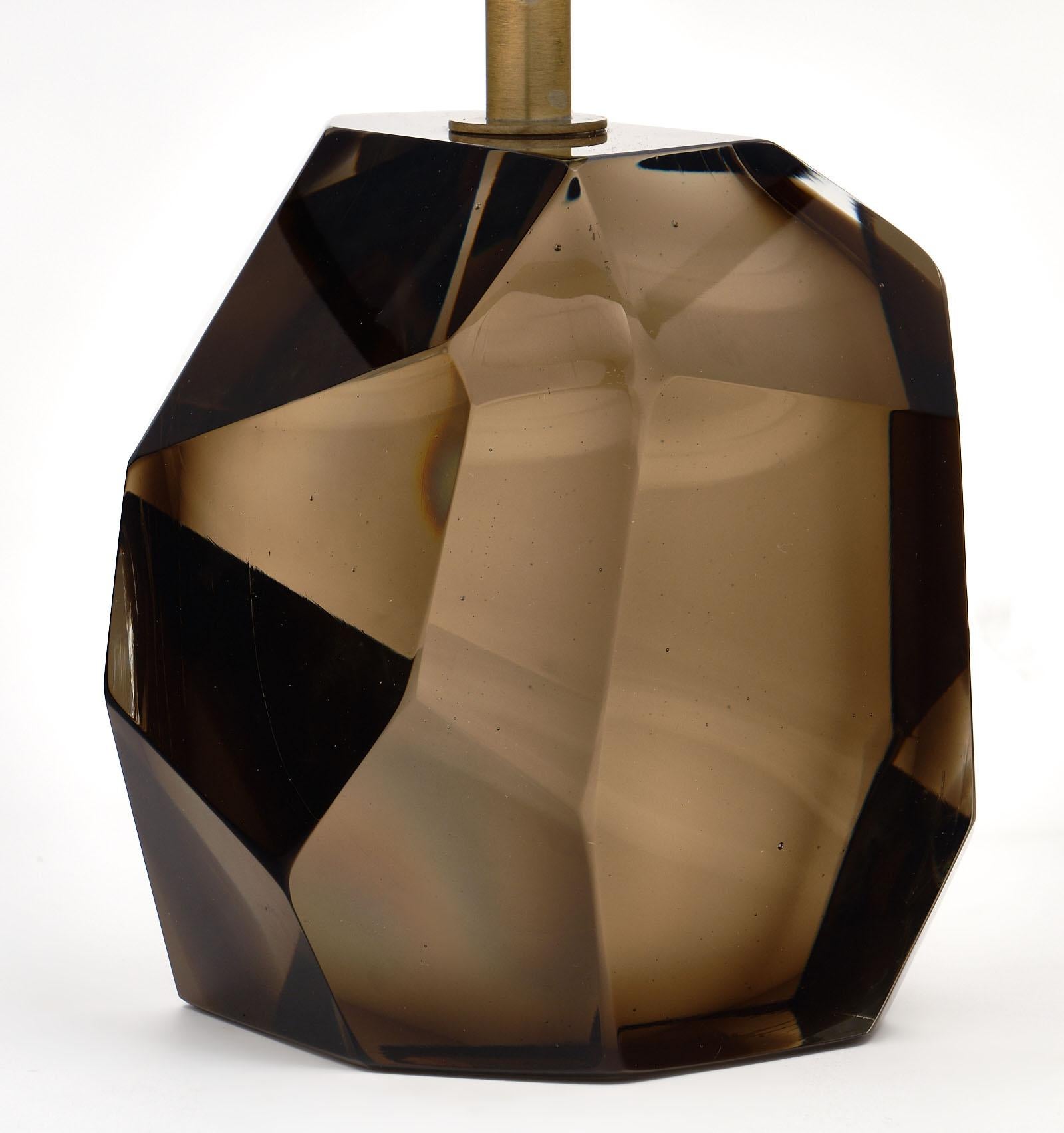 Brass Murano Glass Smoked Amber Rock Lamps For Sale