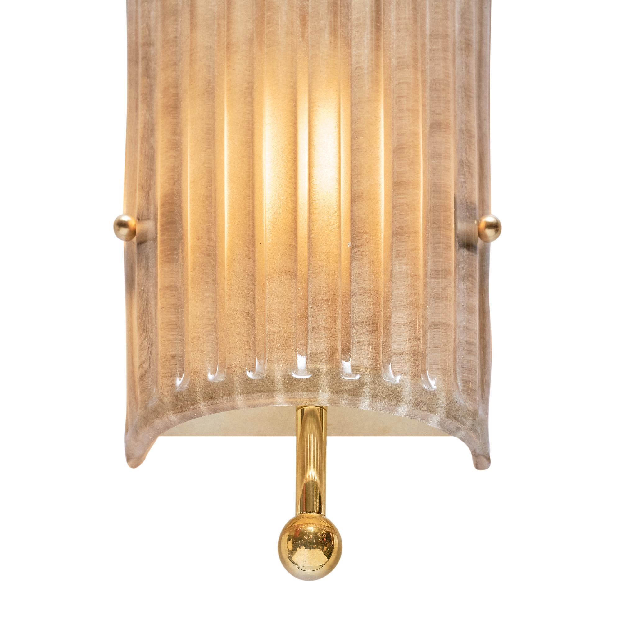 Italian Murano Glass Smoked Ribbed and Brass Sconces For Sale
