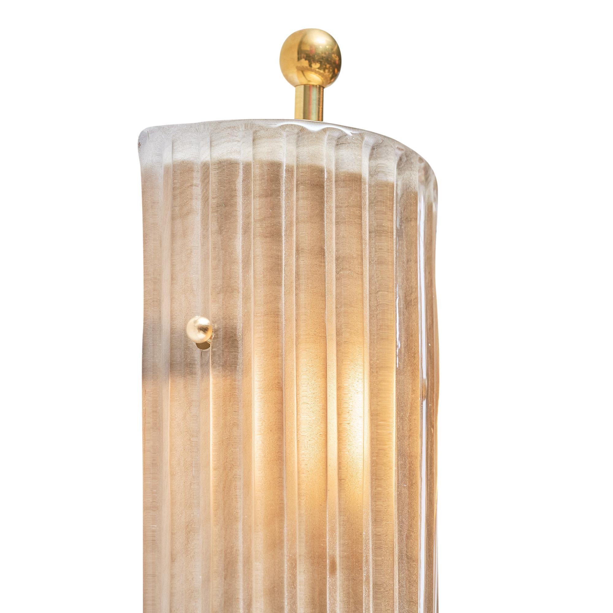 Contemporary Murano Glass Smoked Ribbed and Brass Sconces For Sale