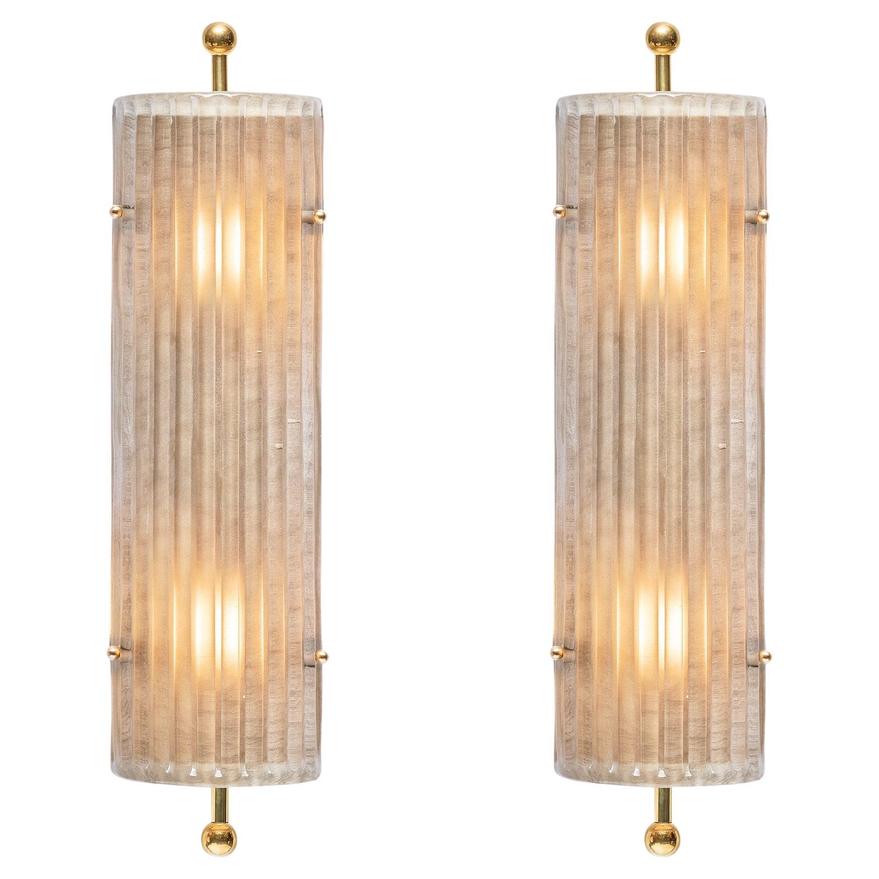 Murano Glass Smoked Ribbed and Brass Sconces