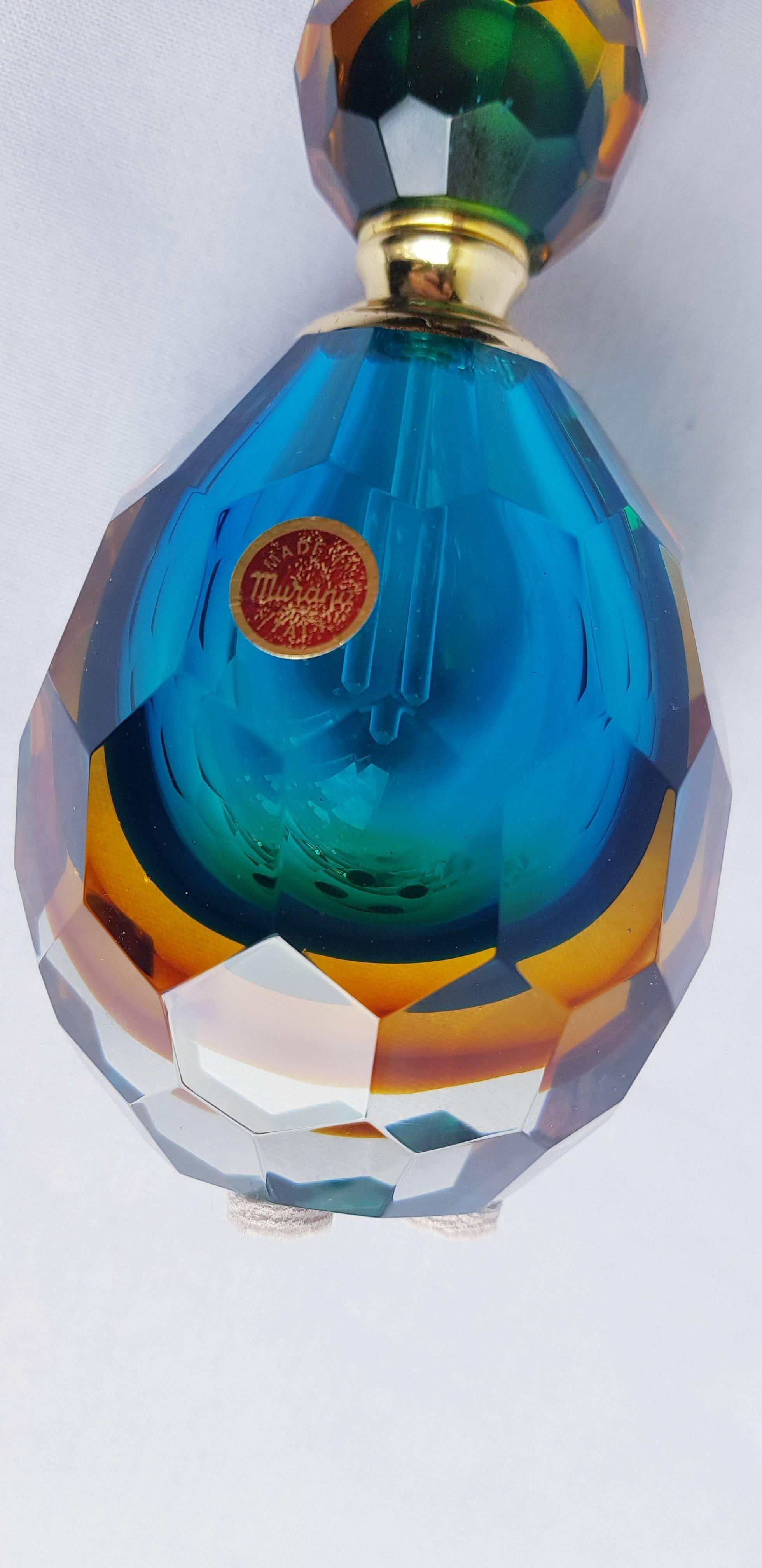Art Deco Murano Glass Somerso Diamond Faceted Perfume Bottle For Sale