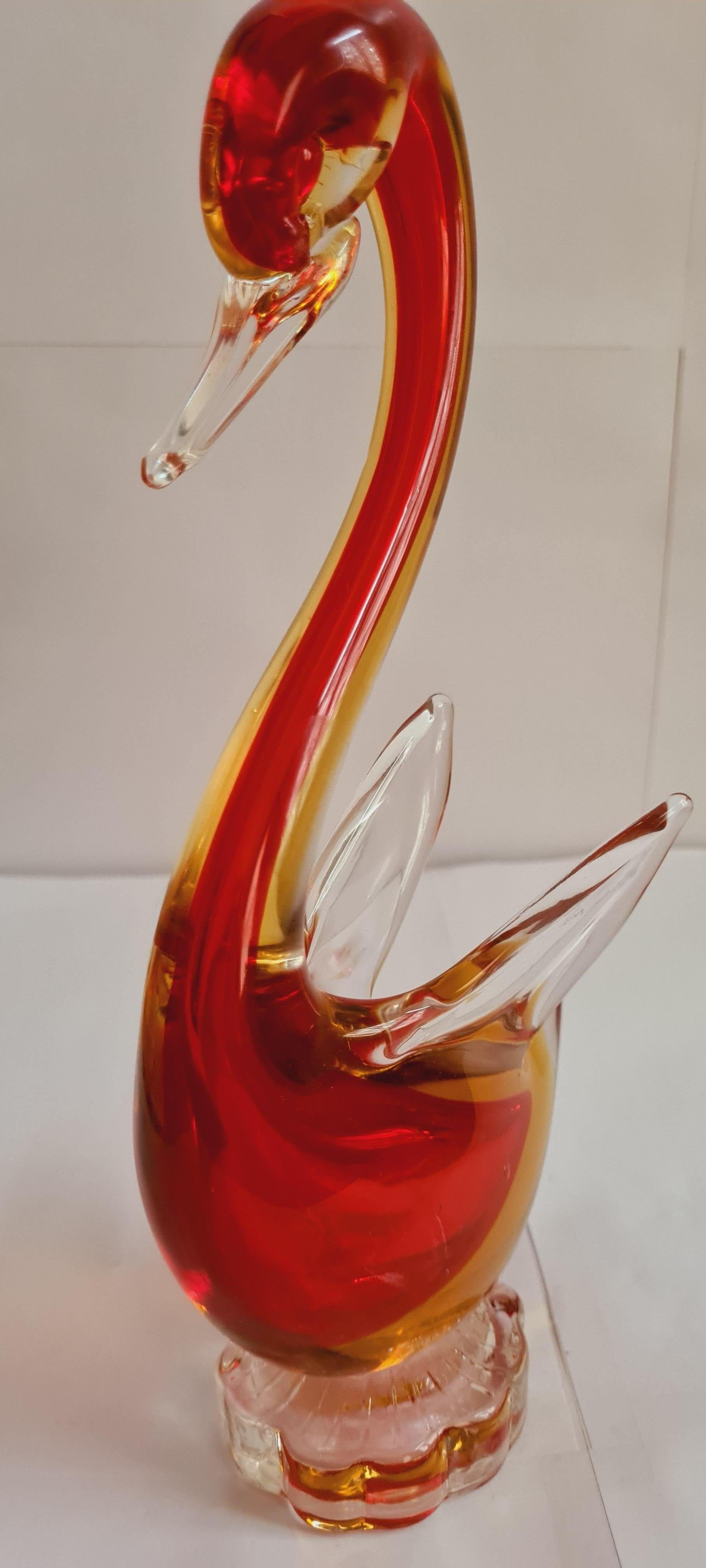Beautiful Murano glass sommerso swan in red, yellow and clear, attributed to Antonio Da Ros for Vetri Cenedese. In excellent condition.