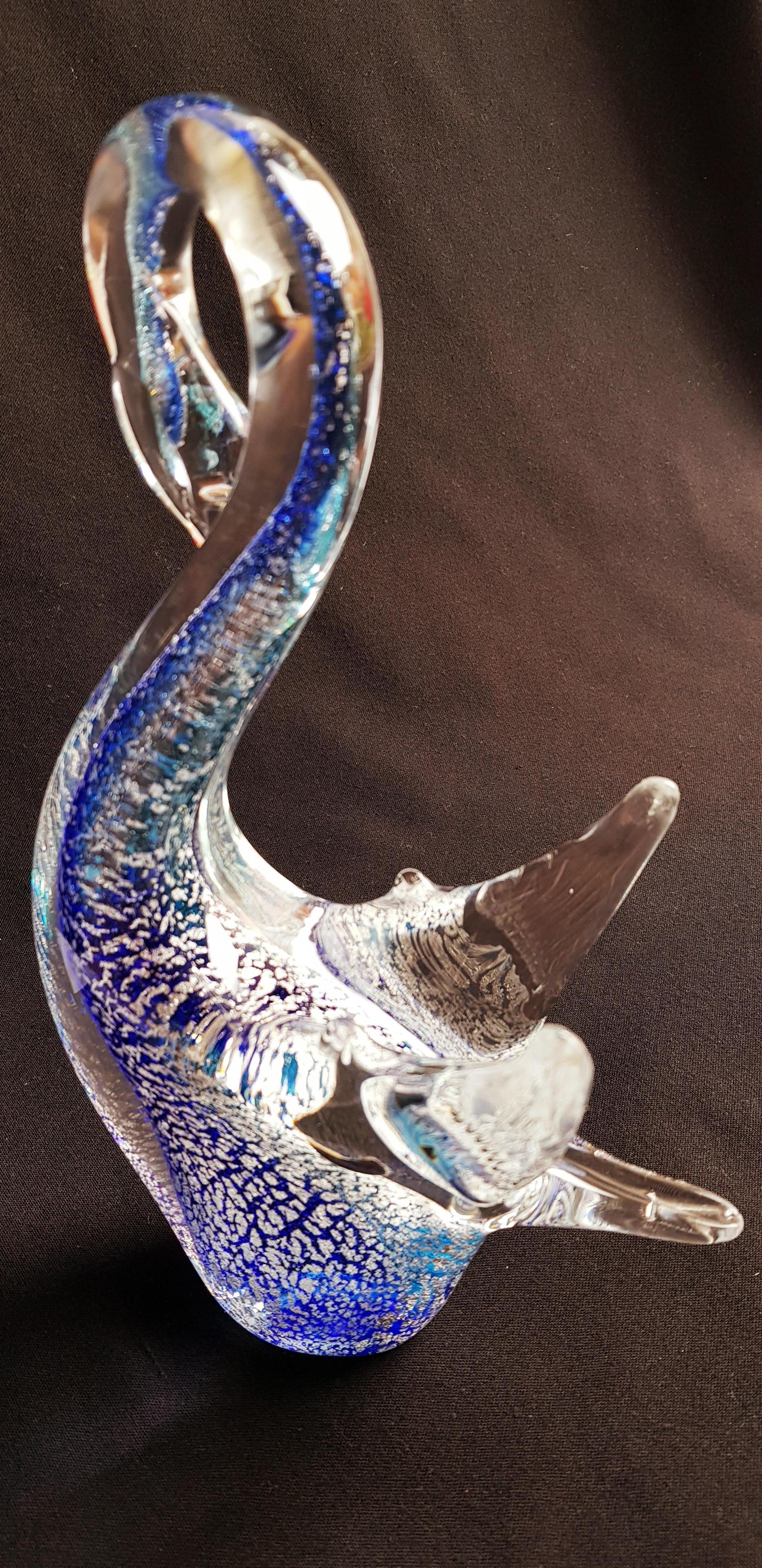 Art Deco Murano Glass Somerso Swan with Silver Leaf Signed Zane For Sale