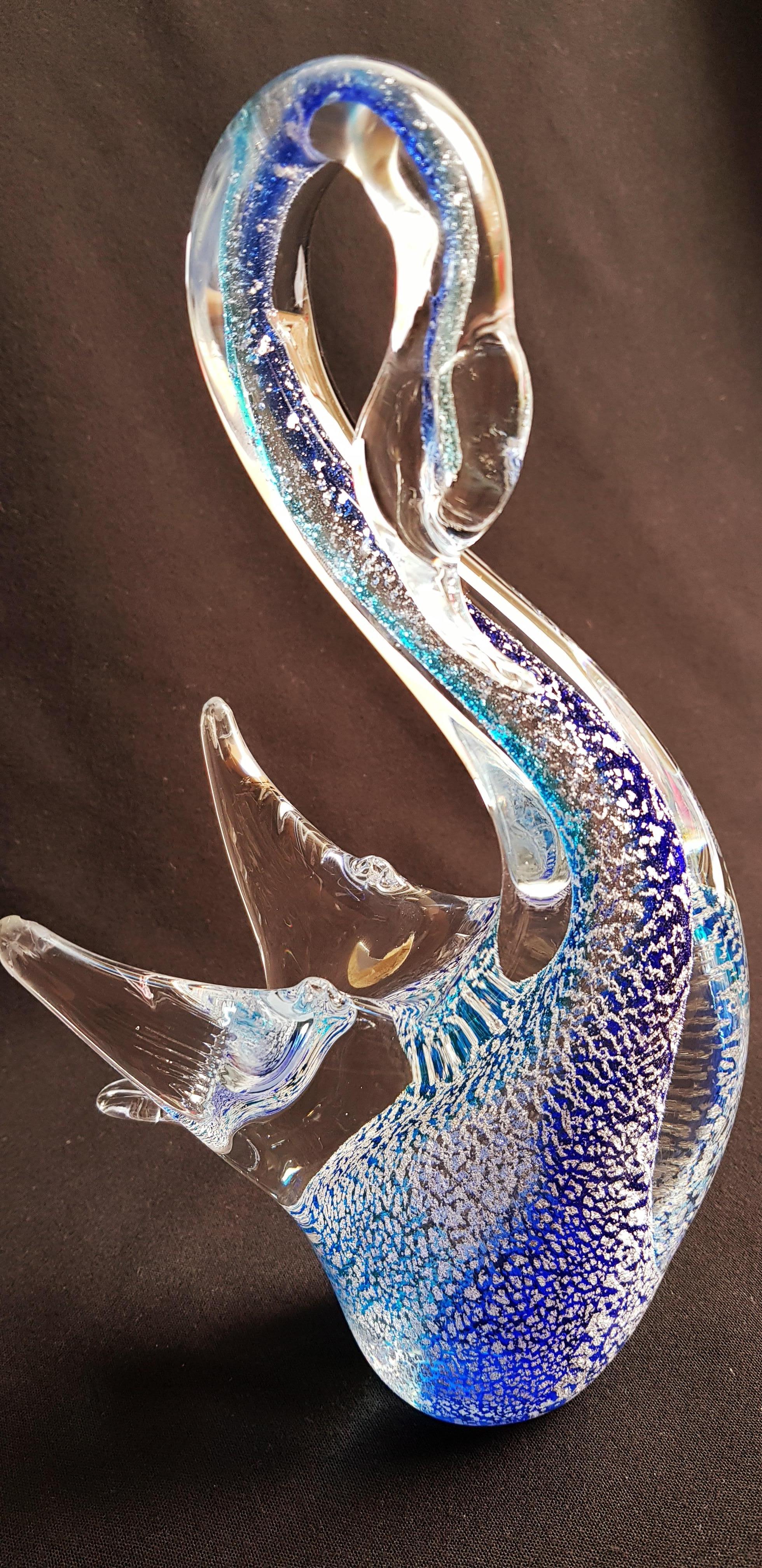 Italian Murano Glass Somerso Swan with Silver Leaf Signed Zane For Sale