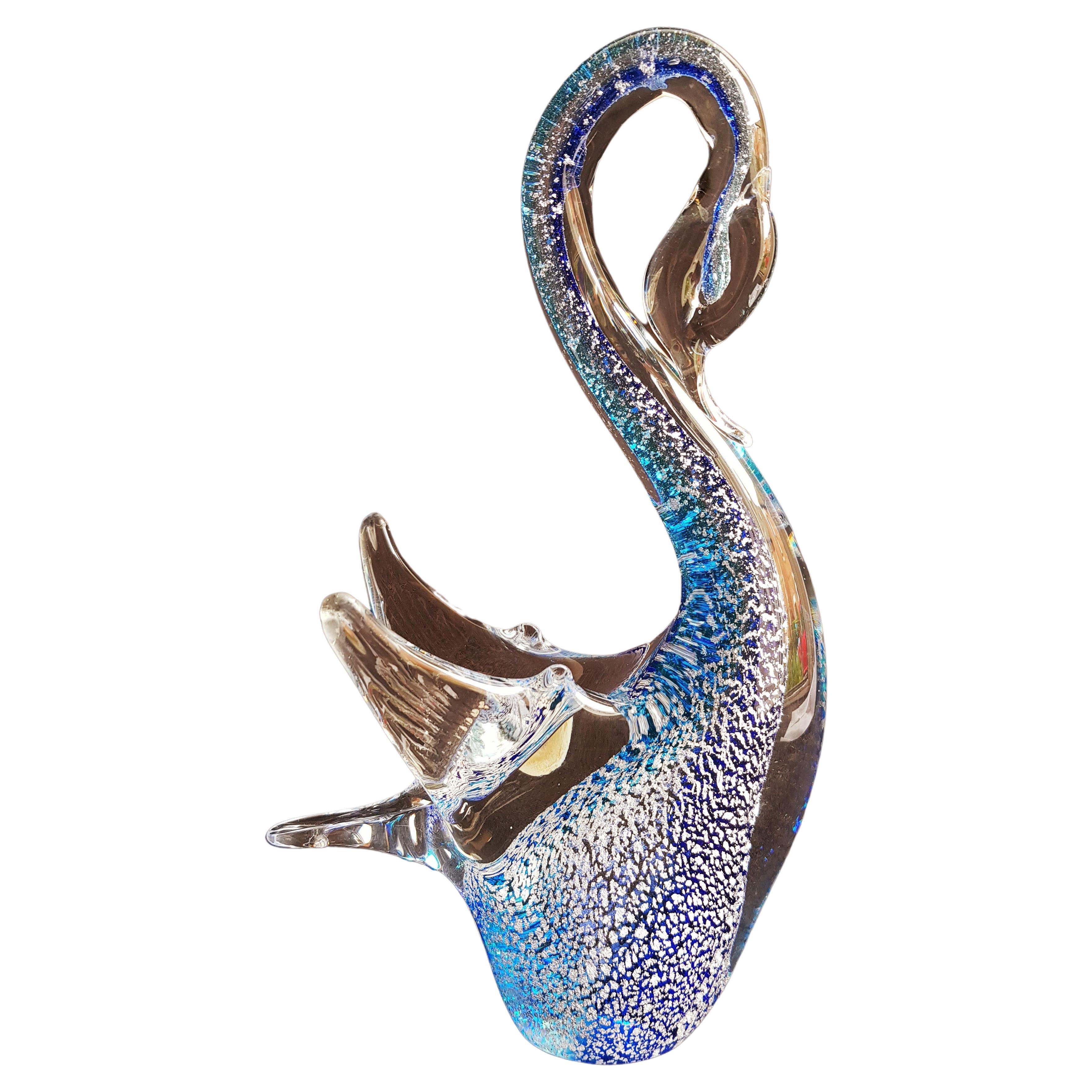 Murano Glass Somerso Swan with Silver Leaf Signed Zane For Sale