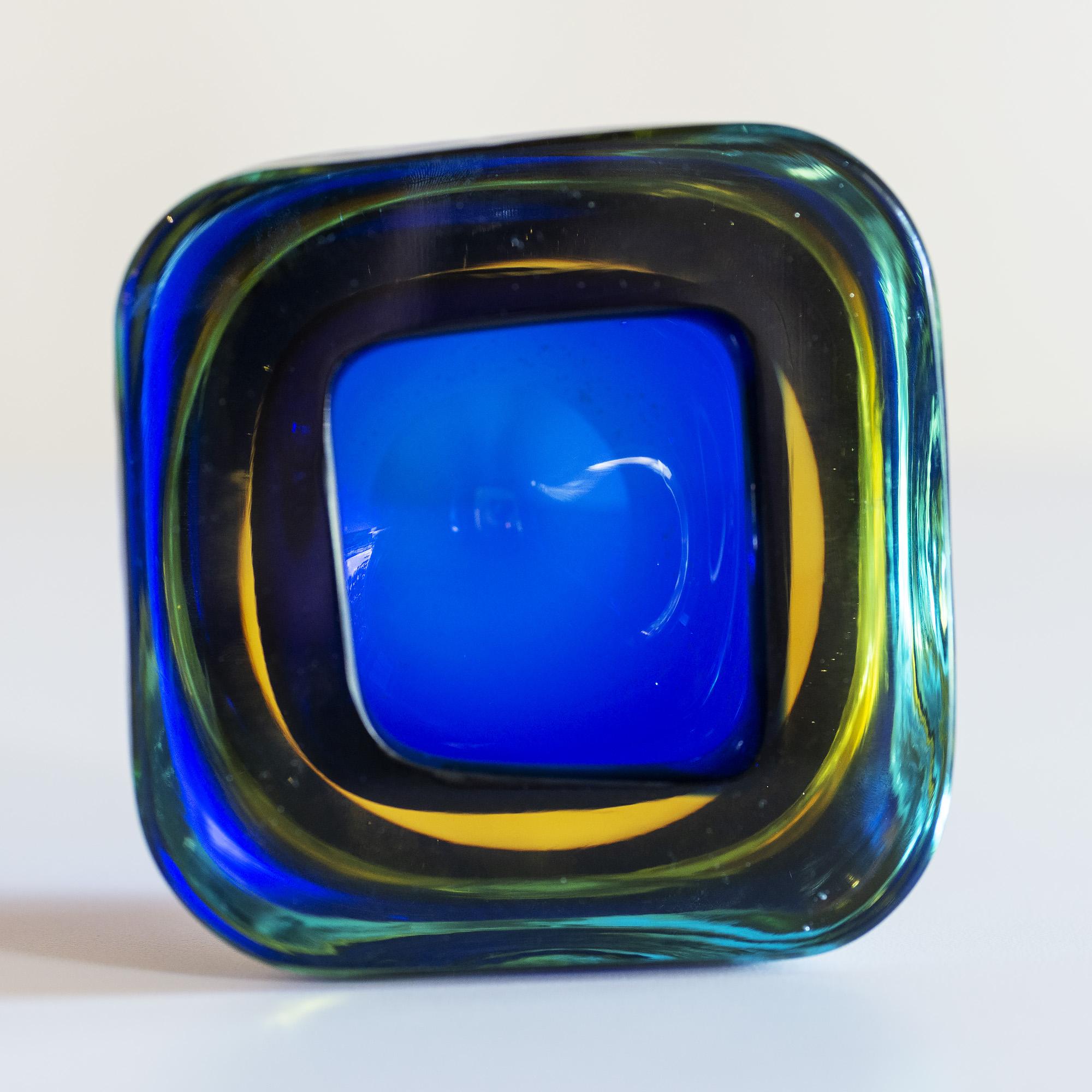 Italian Murano Glass Sommerso Square Bowl in Blue and Yellow, 1960s