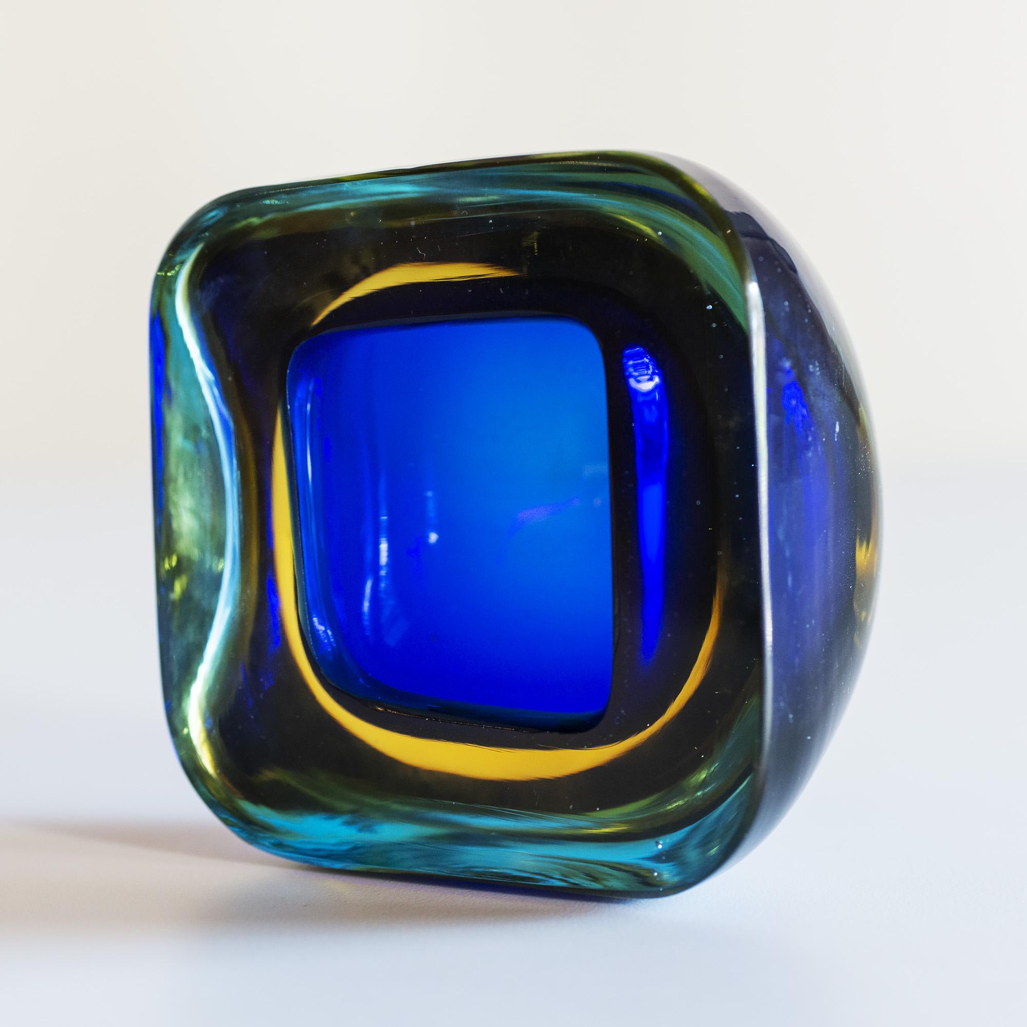 Polished Murano Glass Sommerso Square Bowl in Blue and Yellow, 1960s