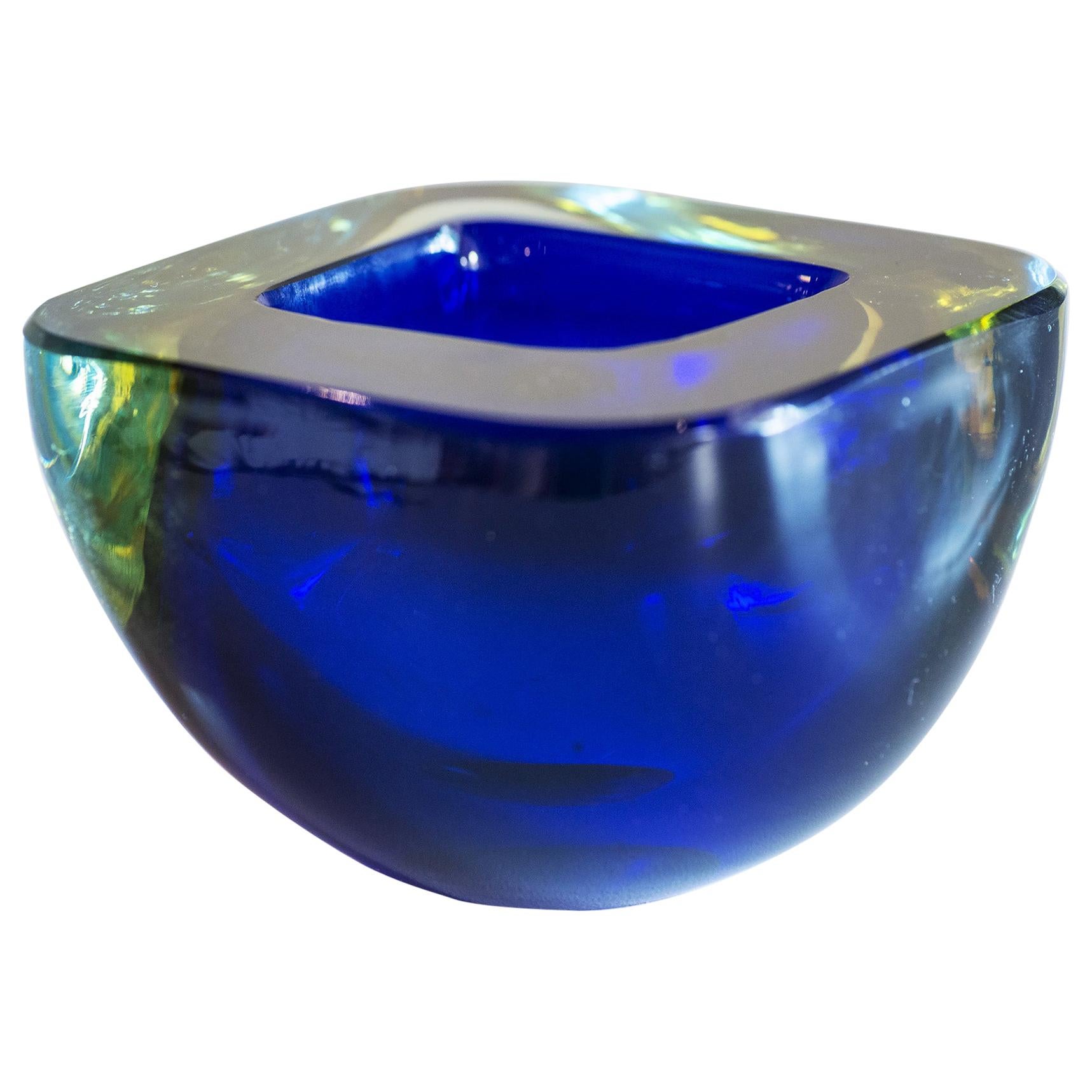 Murano Glass Sommerso Square Bowl in Blue and Yellow, 1960s