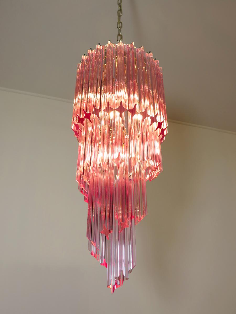 Murano Glass Spiral Chandelier, 54 Quadriedri Pink Prisms 1