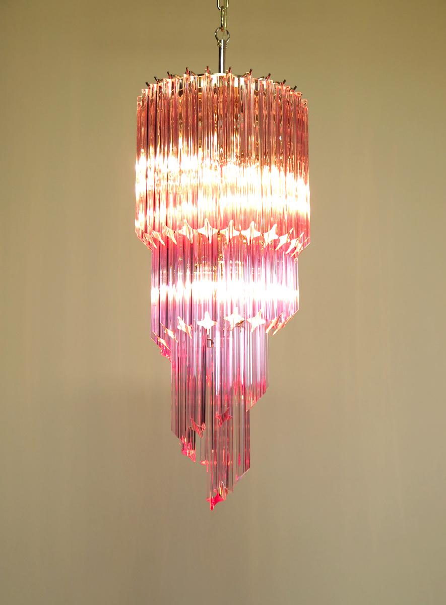 Murano Glass Spiral Chandelier, 54 Quadriedri Pink Prisms For Sale 5