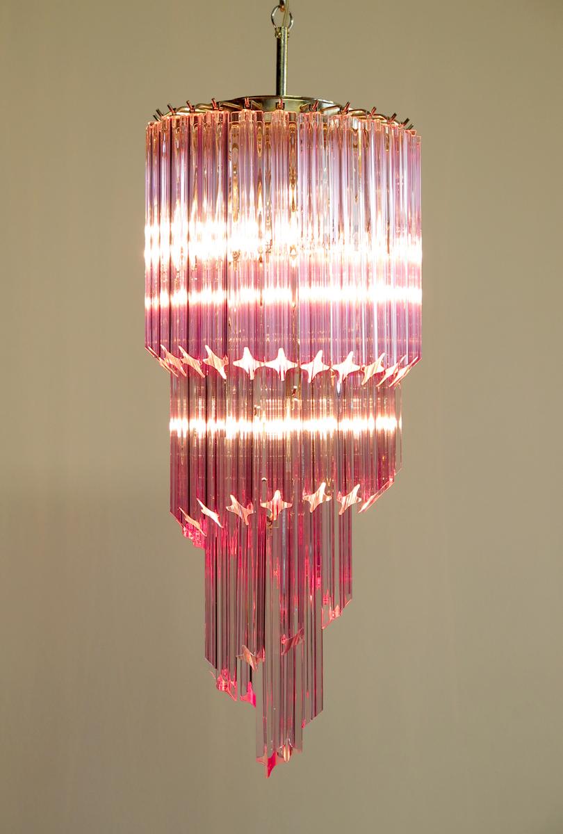 Murano Glass Spiral Chandelier, 54 Quadriedri Pink Prisms For Sale 6