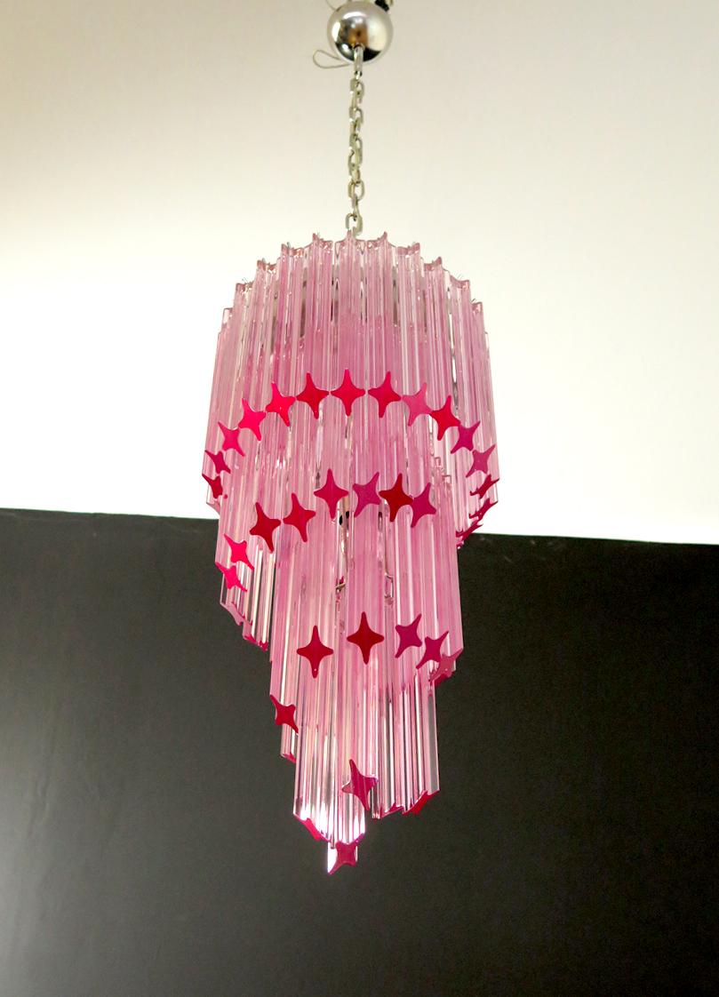 Italian Murano Glass Spiral Chandelier, 54 Quadriedri Pink Prisms For Sale