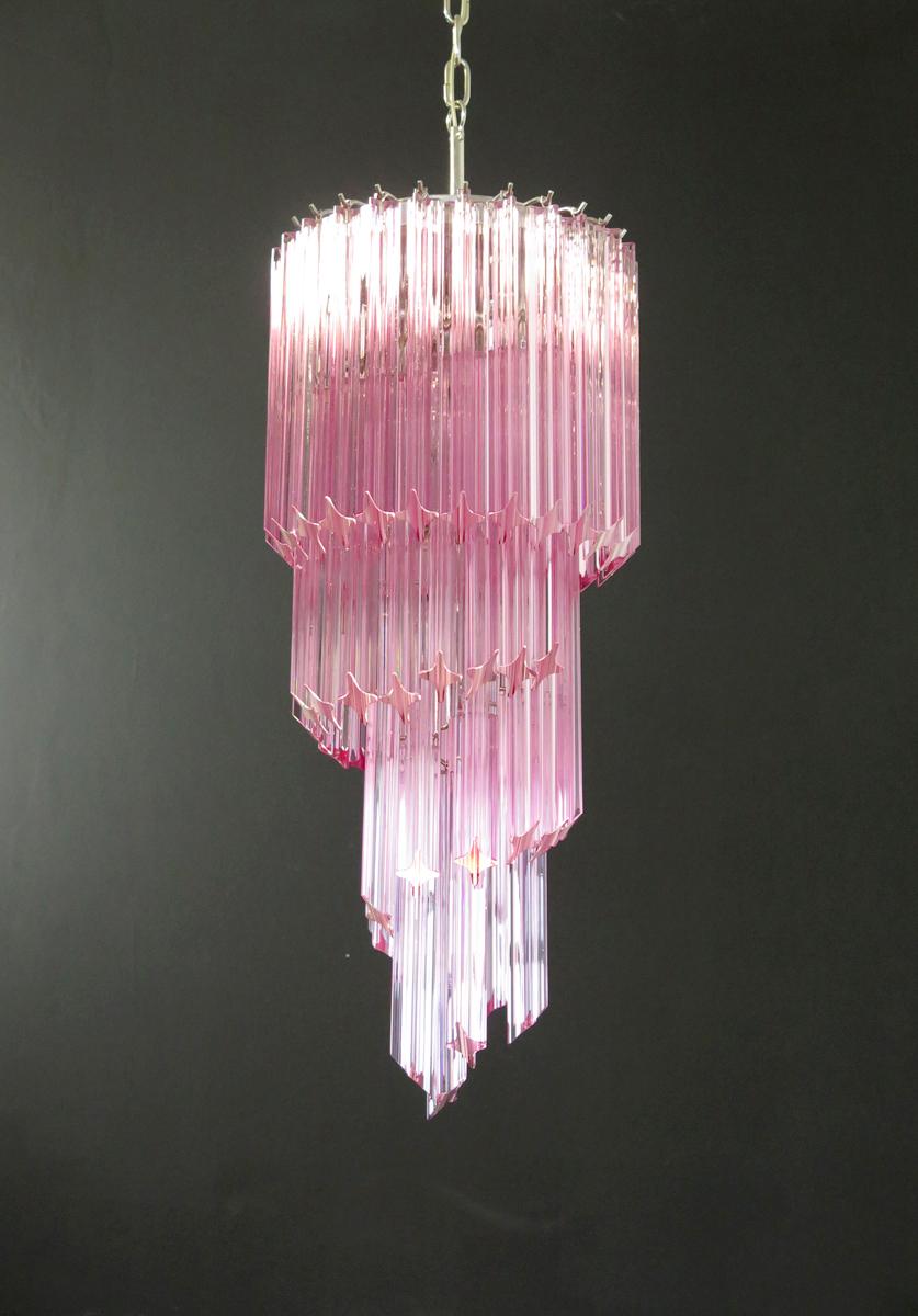 Galvanized Murano Glass Spiral Chandelier, 54 Quadriedri Pink Prisms For Sale