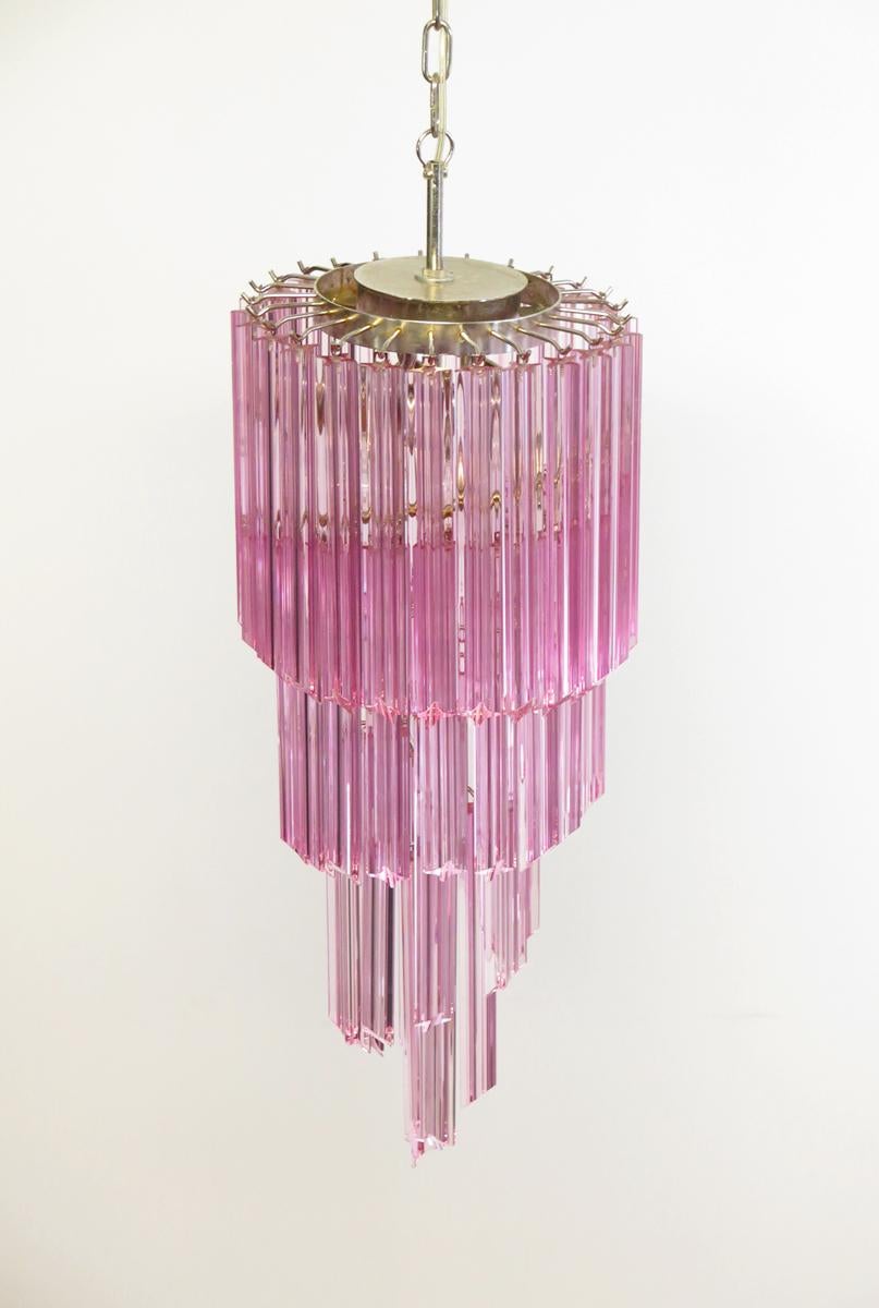 Mid-Century Modern Murano Glass Spiral Chandelier, 54 Quadriedri Pink Prisms
