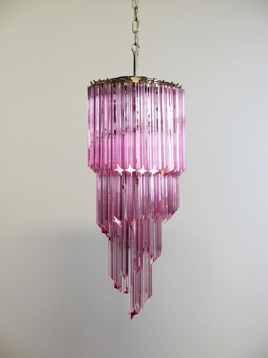 Italian Murano Glass Spiral Chandelier, 54 Quadriedri Pink Prisms