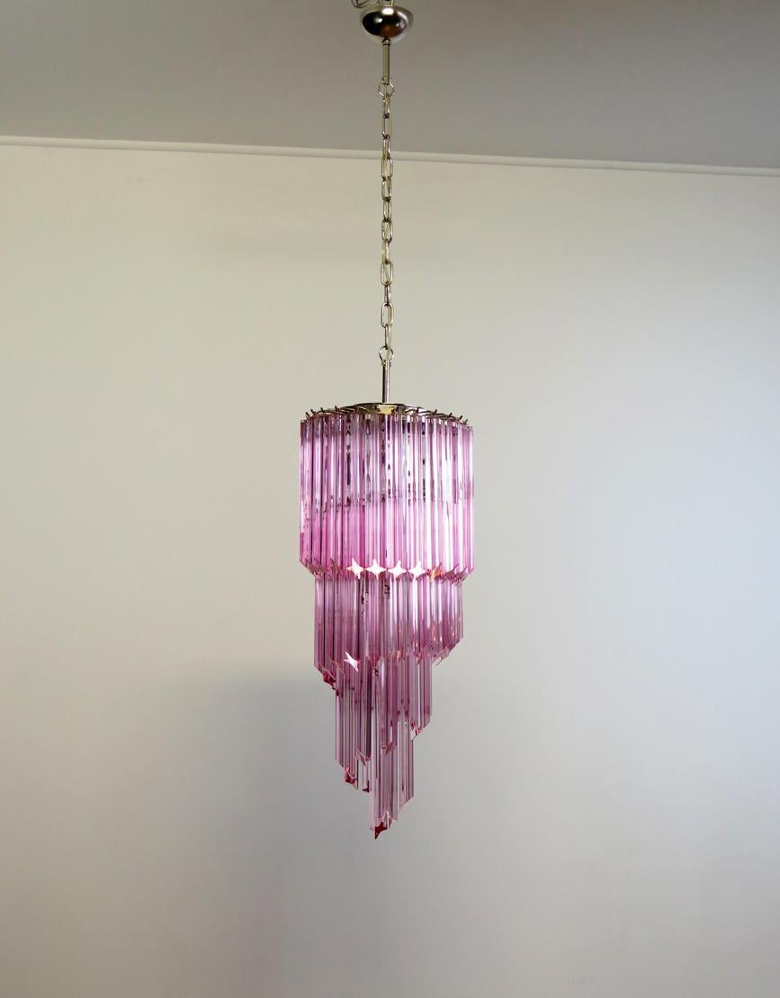 Murano Glass Spiral Chandelier, 54 Quadriedri Pink Prisms For Sale 1