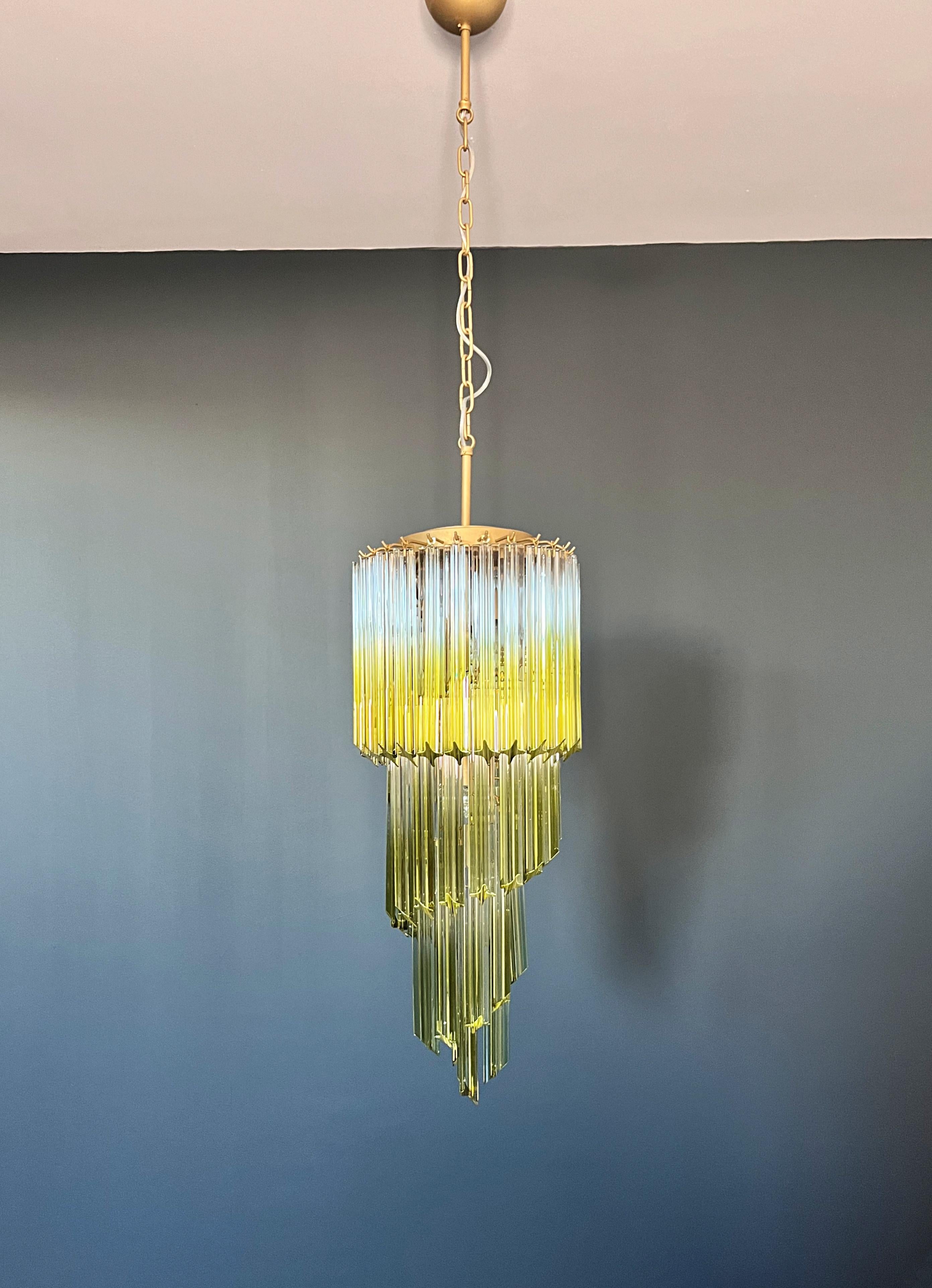 Italian Murano glass spiral chandelier - 54 quadriedri shaded green prisms For Sale