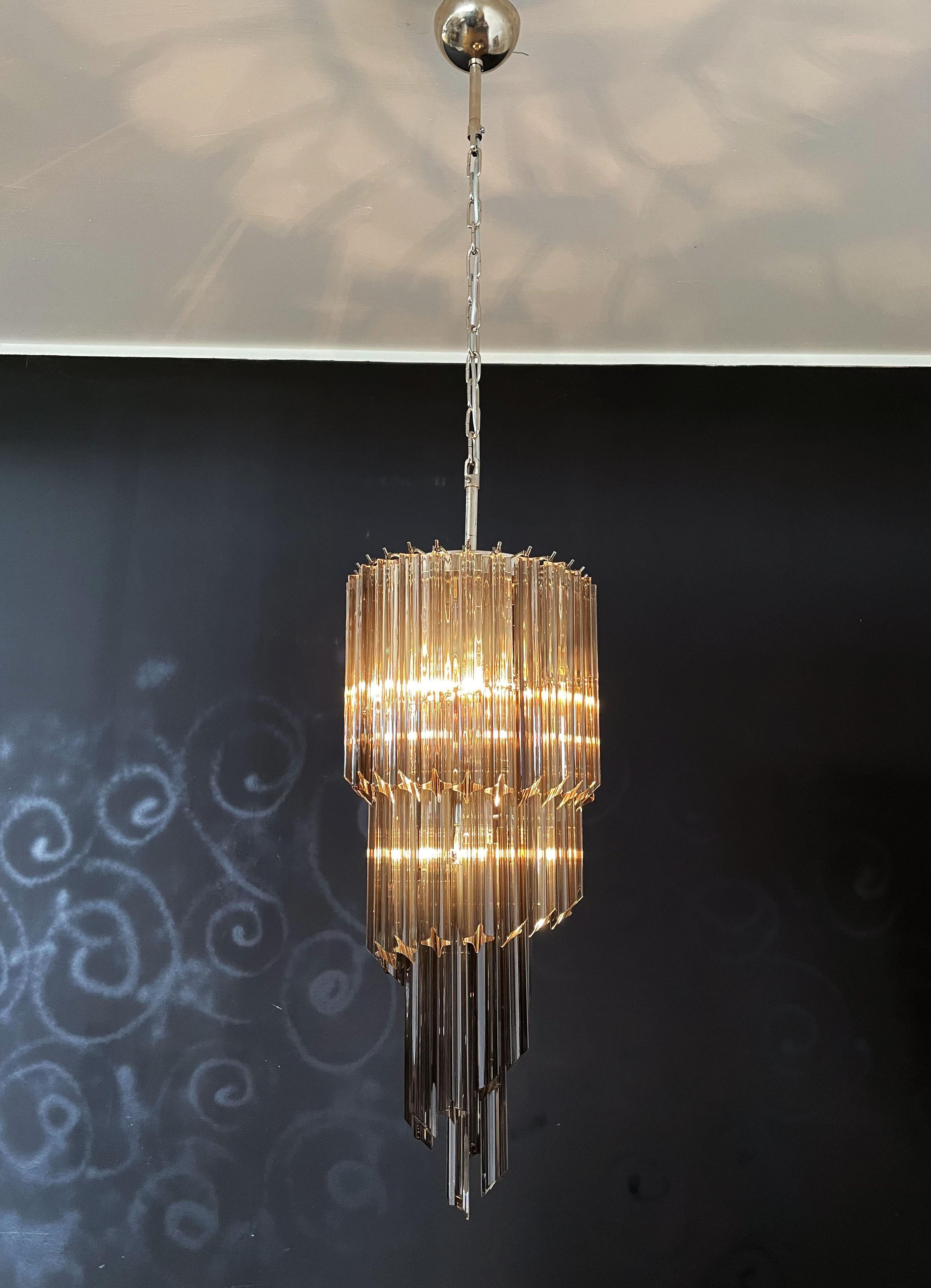 Italian Murano glass spiral chandelier – 54 quadriedri smoked prisms For Sale